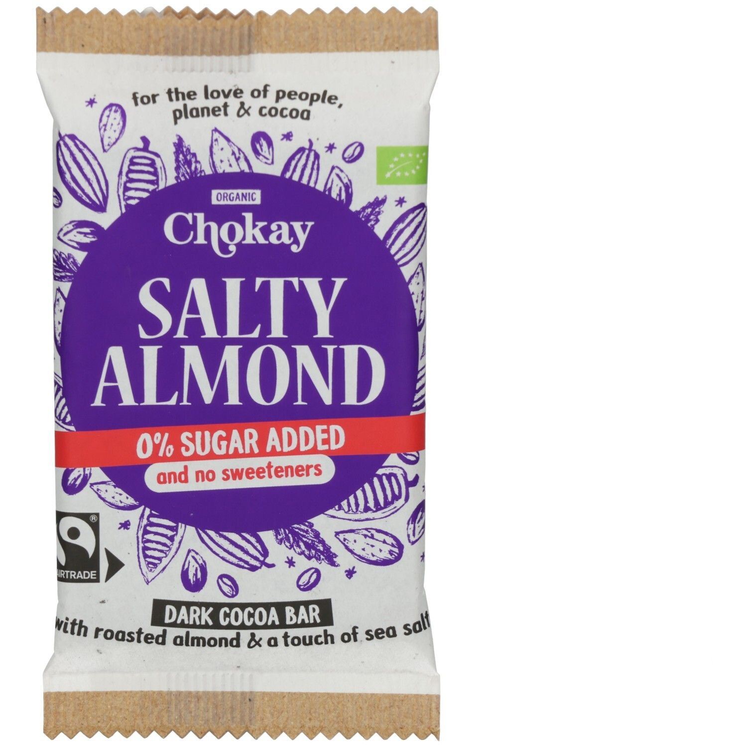 Verpackung mit Chokay Salty Almond. Lila Kreis mit Text. Fairtrade-Siegel. 0% Zuckerzusatz. Bio-Siegel.