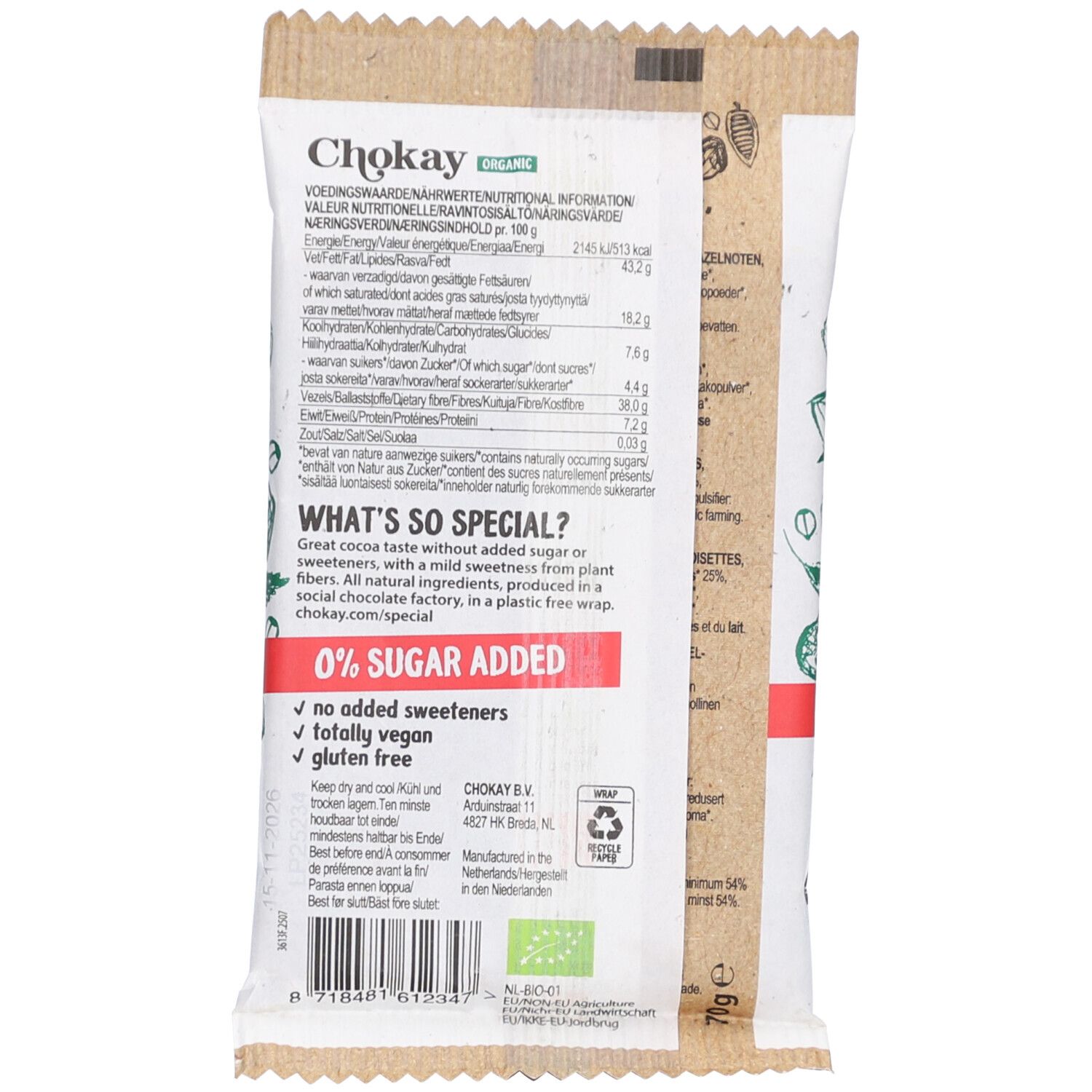 Rückseite der Chokay Heavenly Hazel Bar-Verpackung. Enthält Nährwertangaben, Text: 0% Zuckerzusatz, keine Süßstoffe, vegan.