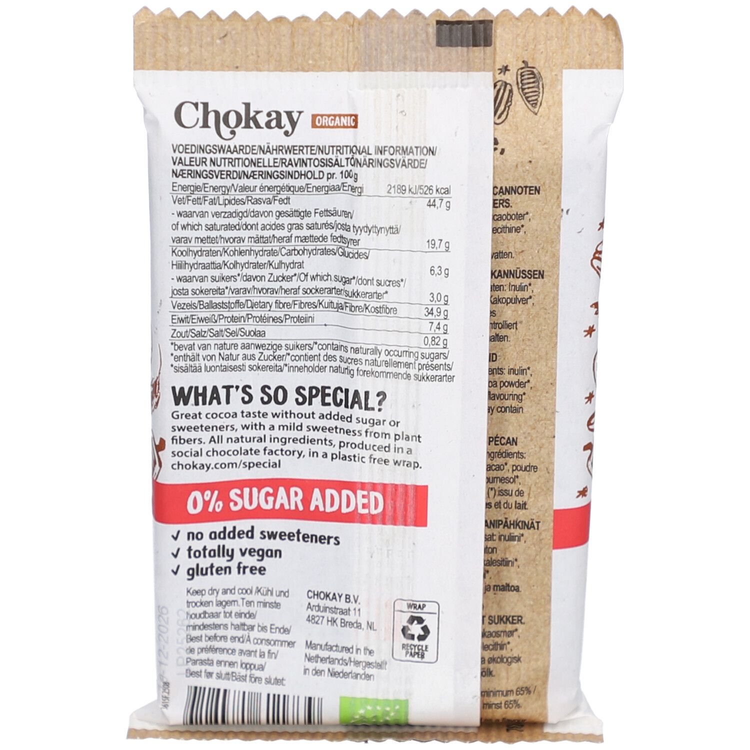 Rückseite der Chokay Caramel Pecan Bar Verpackung. Text mit Nährwertangaben und Inhaltsstoffen. 0% Zuckerzusatz.