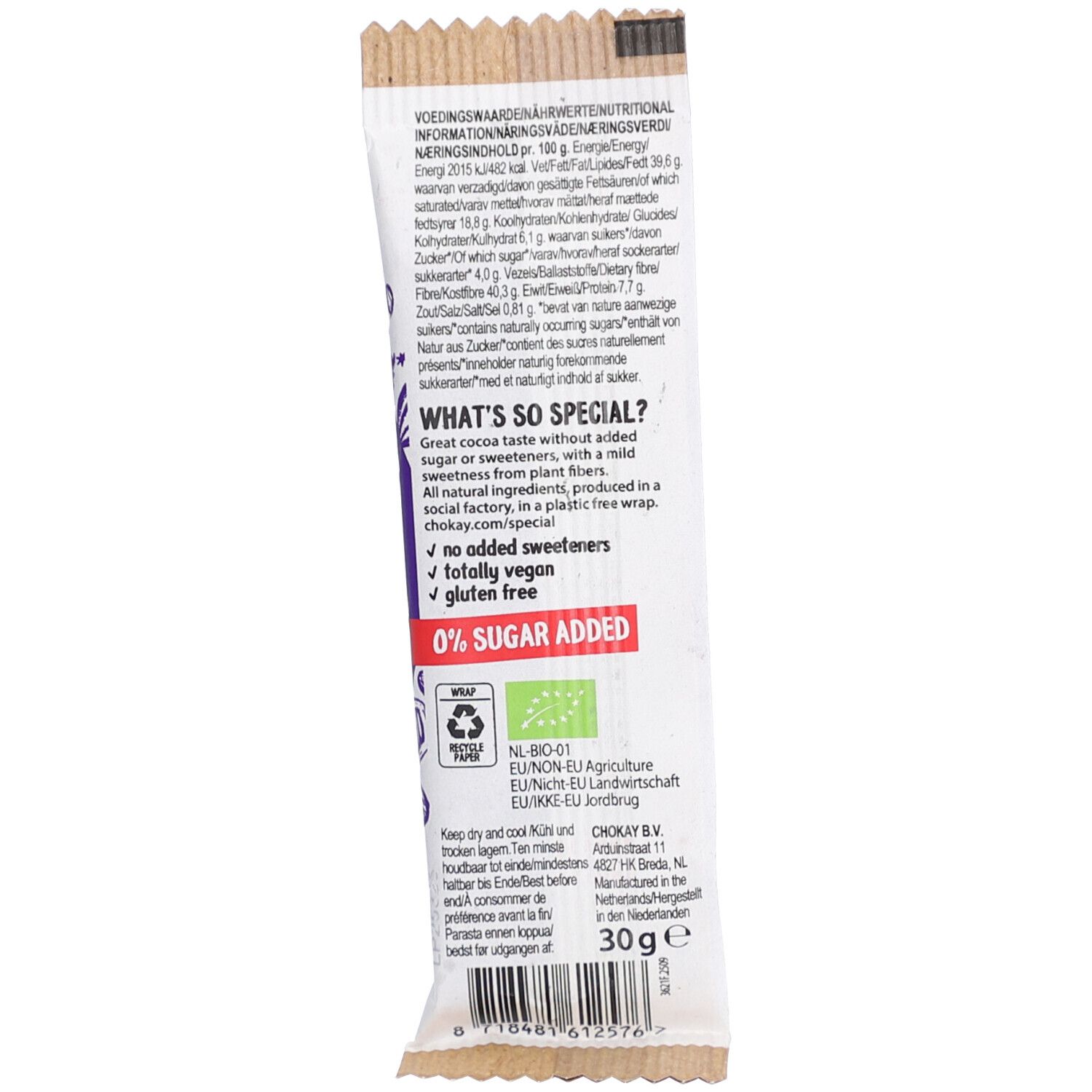 Rückseite der Riegelverpackung. Text: Nährwertangaben, "What's so special?", "0% Zuckerzusatz", Bio-Siegel, Fairtrade-Siegel, 30g.