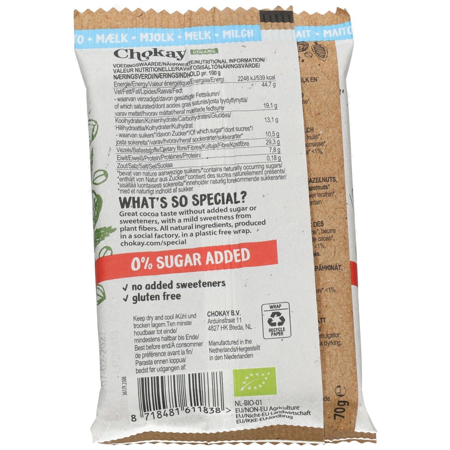 Verpackung der Chokay Milky Hazel Bar. Grün-weißes Design mit Produktinformationen und Fairtrade-Logo. 0% Zuckerzusatz.