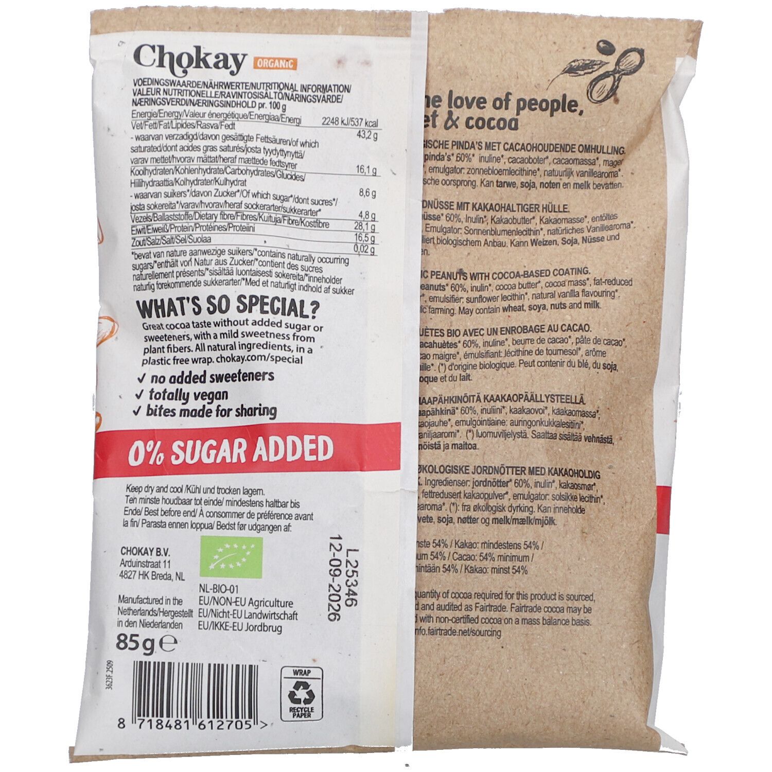 Rückseite der Chokay Peanut Rocks Verpackung. Nährwertangaben, Text. 0% Zuckerzusatz. Bio-Siegel. 85g. Mindesthaltbarkeitsdatum.