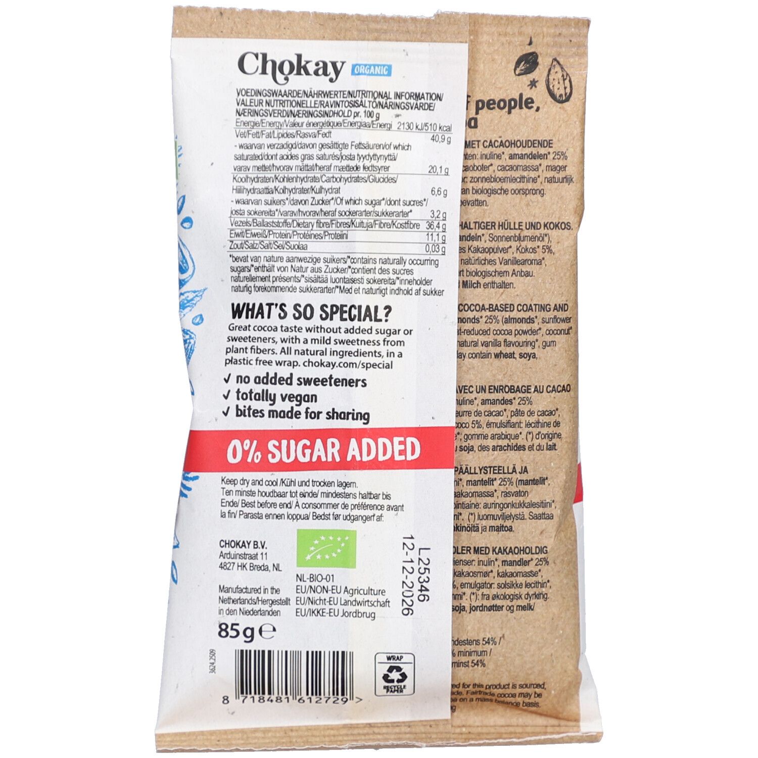 Rückseite der Chokay Coconut Almond Bites Verpackung. Enthält Nährwertangaben, Text und Bio-Siegel. 85g.
