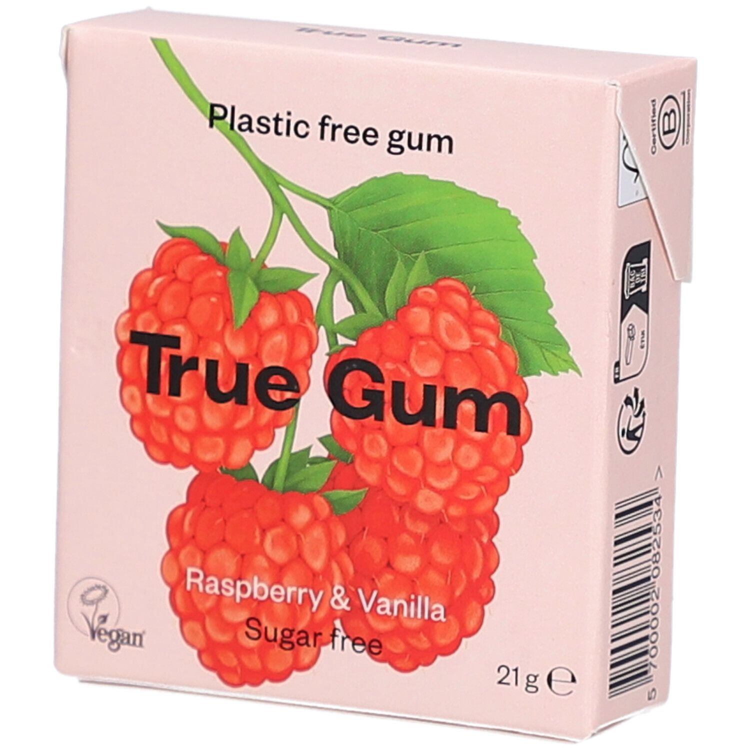 Rosa Schachtel mit Himbeeren-Illustration. Text: True Gum, Himbeere & Vanille, zuckerfrei, 21g. Vegan-Logo.