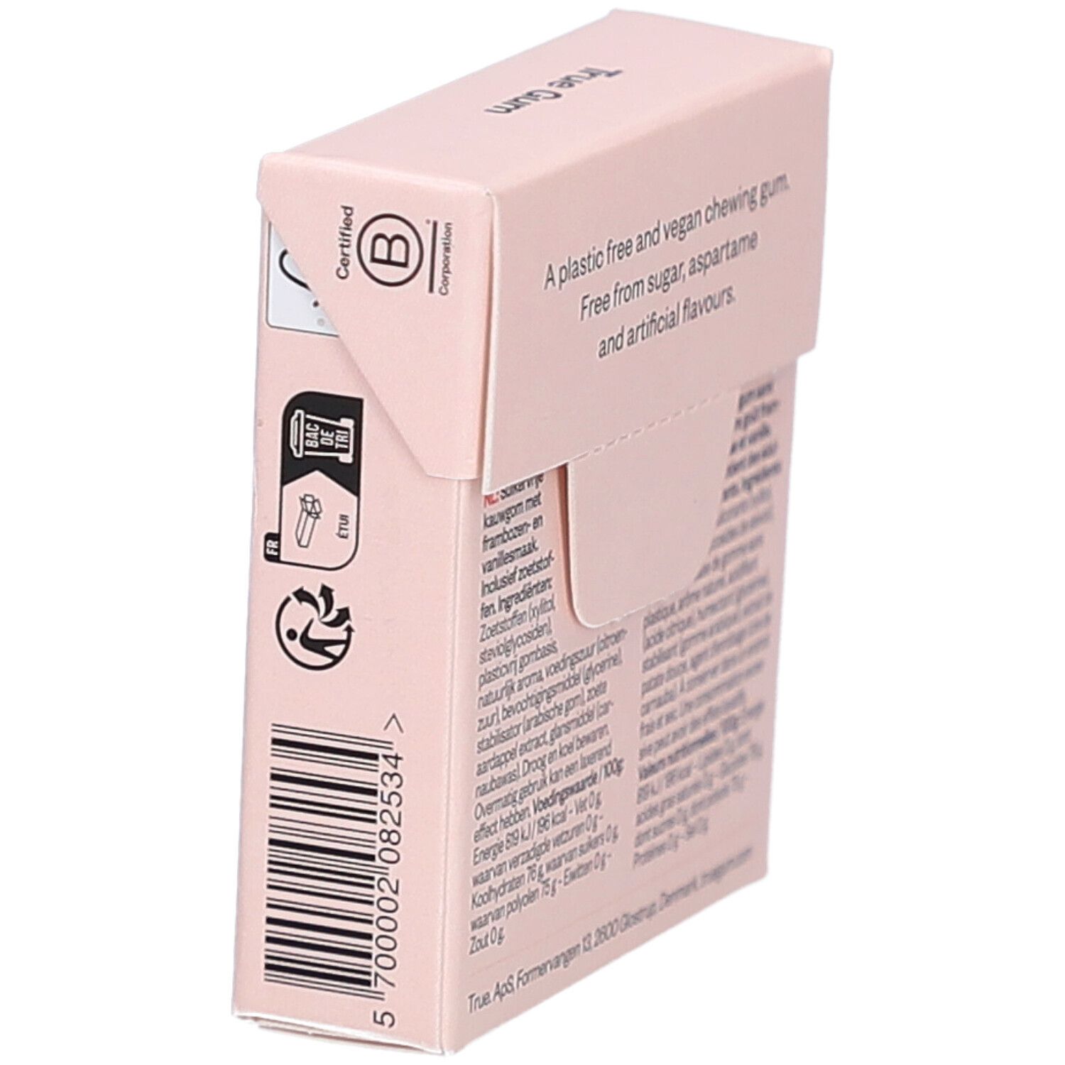 Schachtel mit Himbeeren-Illustration. Text: True Gum, Himbeere & Vanille, zuckerfrei. B Corp-Zertifizierung.