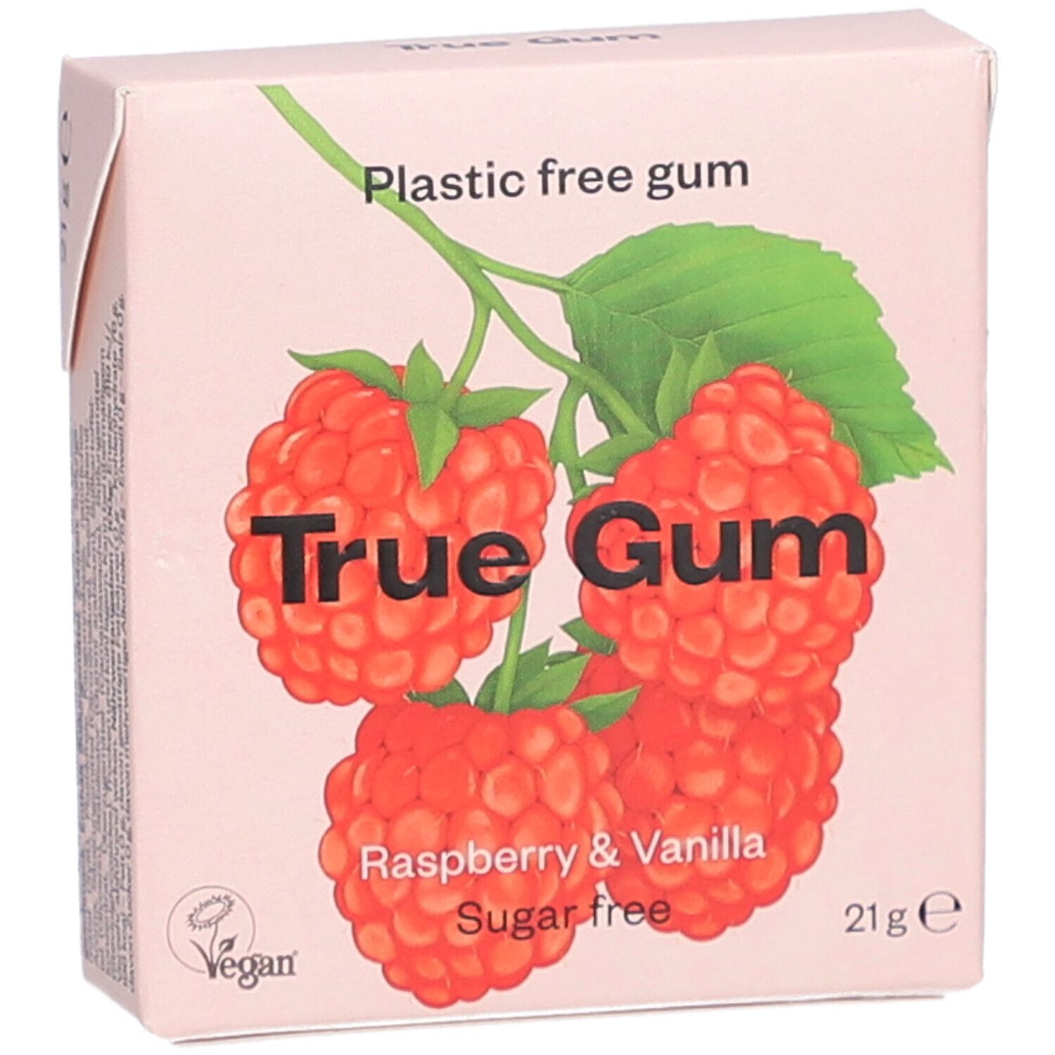 Rosa Schachtel mit Himbeeren-Illustration. Text: True Gum, Himbeere & Vanille, zuckerfrei, 21g. Vegan-Logo.