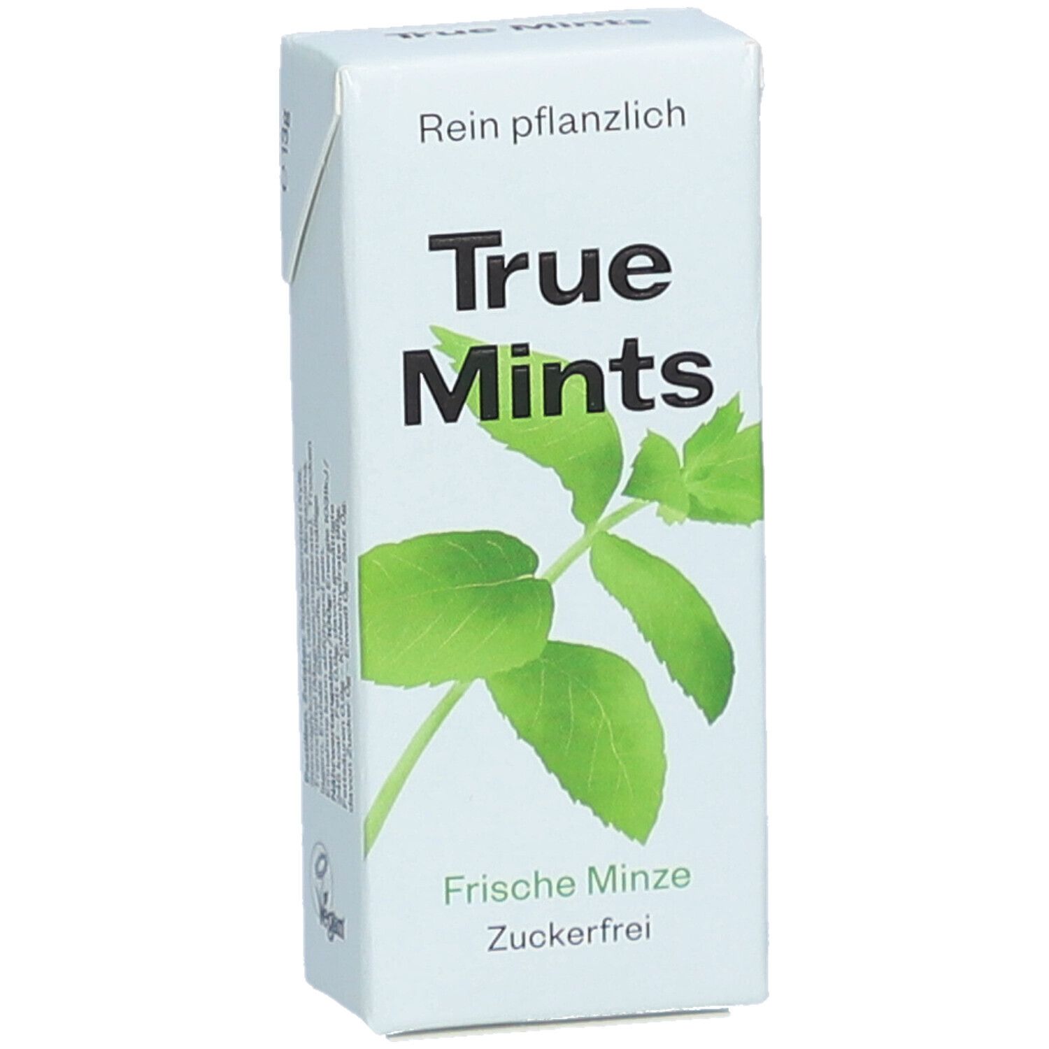 Weißer Karton mit True Mints-Logo und Minzblatt-Illustration. Text: Frische Minze, zuckerfrei.