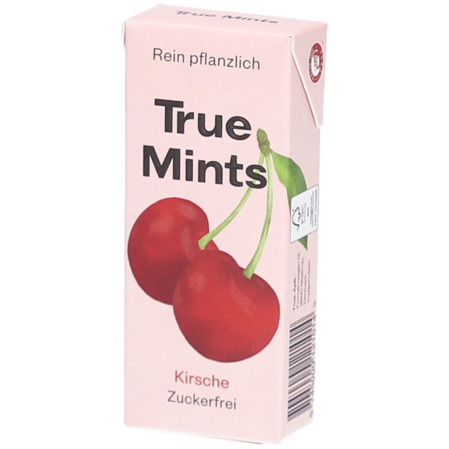 Rosa Verpackung mit Kirschabbildung und Schriftzug True Mints. Text: Kirsche, zuckerfrei. Oben: Rein pflanzlich.