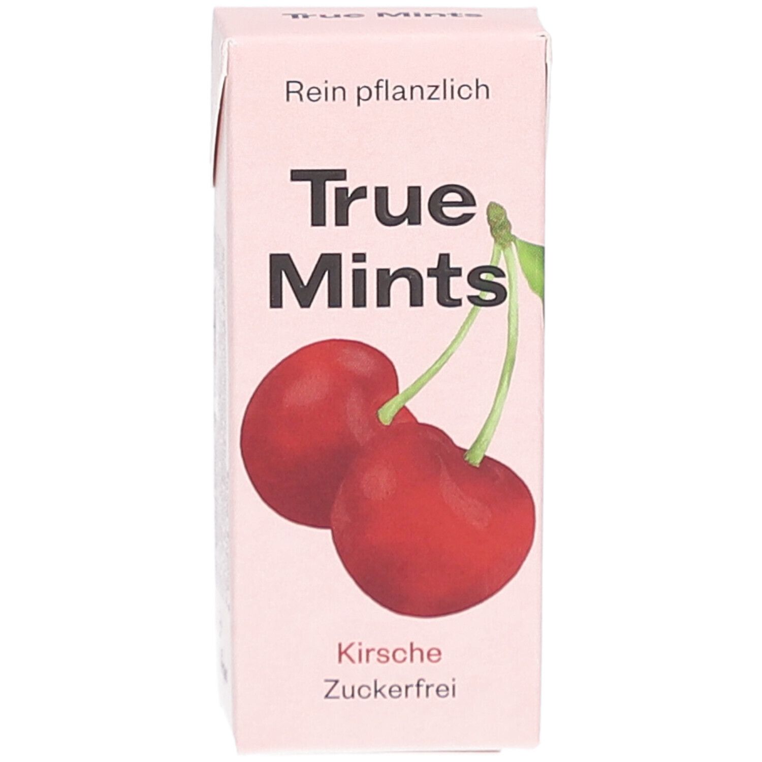 Rosa Verpackung mit Kirschabbildung und Schriftzug True Mints. Text: Kirsche, zuckerfrei. Oben: Rein pflanzlich.