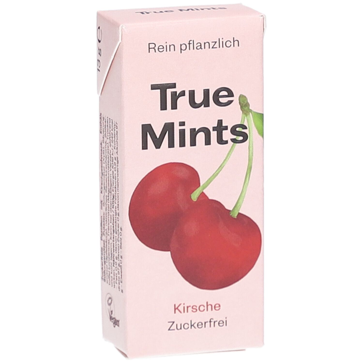Rosa Verpackung mit Kirschabbildung und Schriftzug True Mints. Text: Kirsche, zuckerfrei. Oben: Rein pflanzlich. 13 g e.