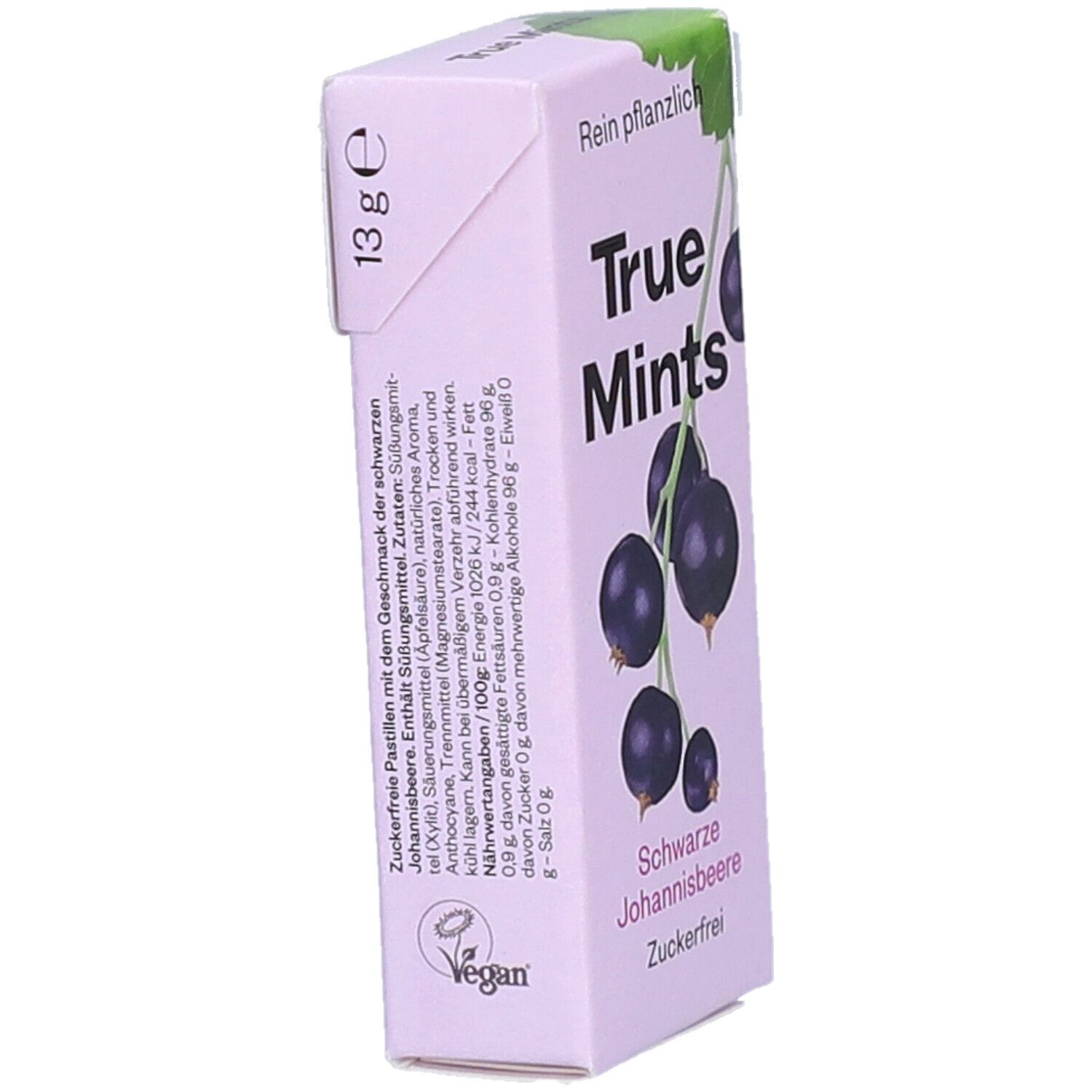 Verpackung True Mints, Schwarze Johannisbeere. Text: 13g, vegan. Nährwertangaben. Abbildung von schwarzen Johannisbeeren.