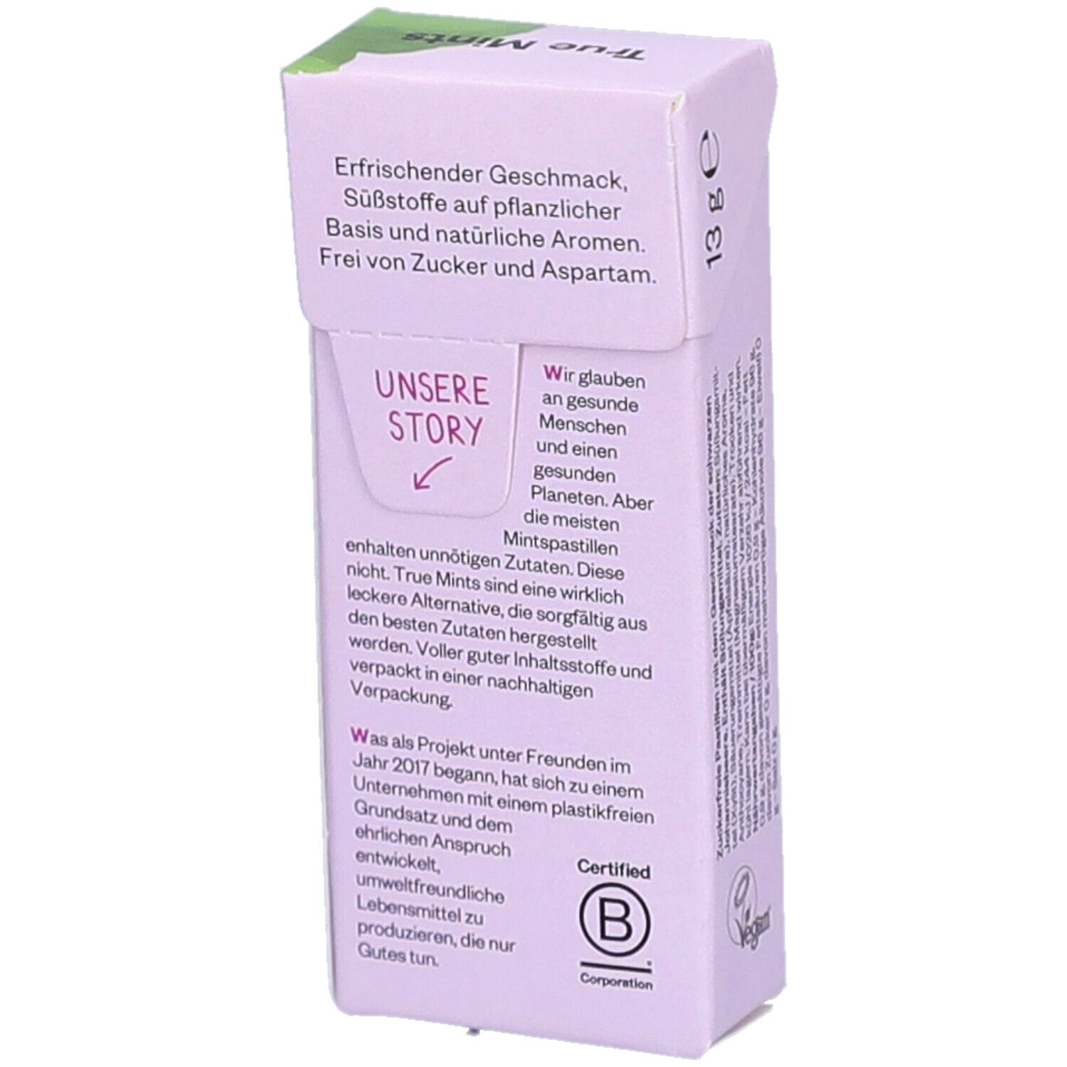 True Mints Verpackung. Text: Erfrischender Geschmack, Süßstoffe auf pflanzlicher Basis, frei von Zucker und Aspartam. B Corp-Zertifizierung.