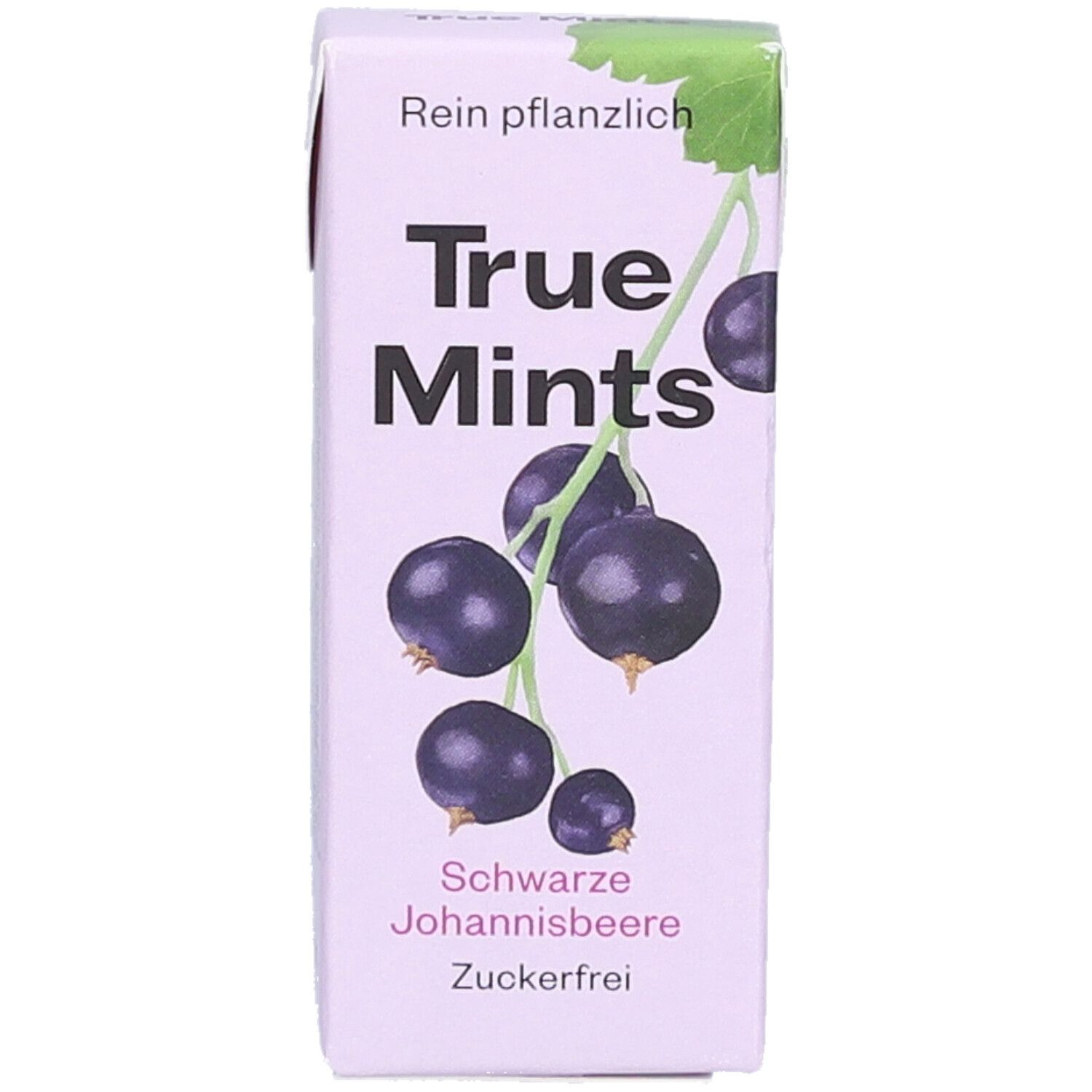 Verpackung mit True Mints, Schwarze Johannisbeere. Abbildung von schwarzen Johannisbeeren. Text: Zuckerfrei, rein pflanzlich.