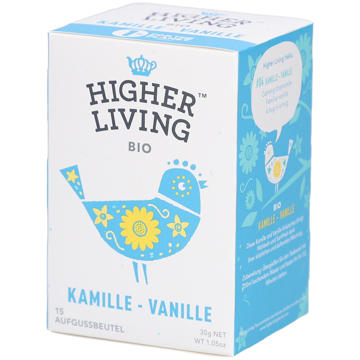 Weiß-blaue Schachtel mit "Higher Living BIO"-Logo und Vogel-Illustration. Produktname: Kamille-Vanille. 15 Aufgussbeutel.