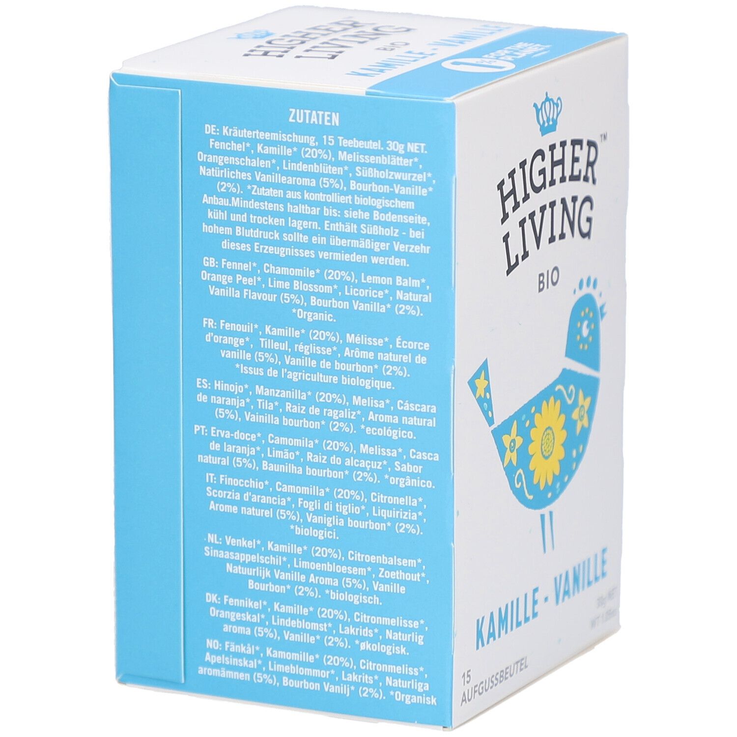 Rückseite der Schachtel mit Zutatenliste in verschiedenen Sprachen. Enthält u.a. Kamille, Fenchel, Vanille. 15 Aufgussbeutel, 30g.