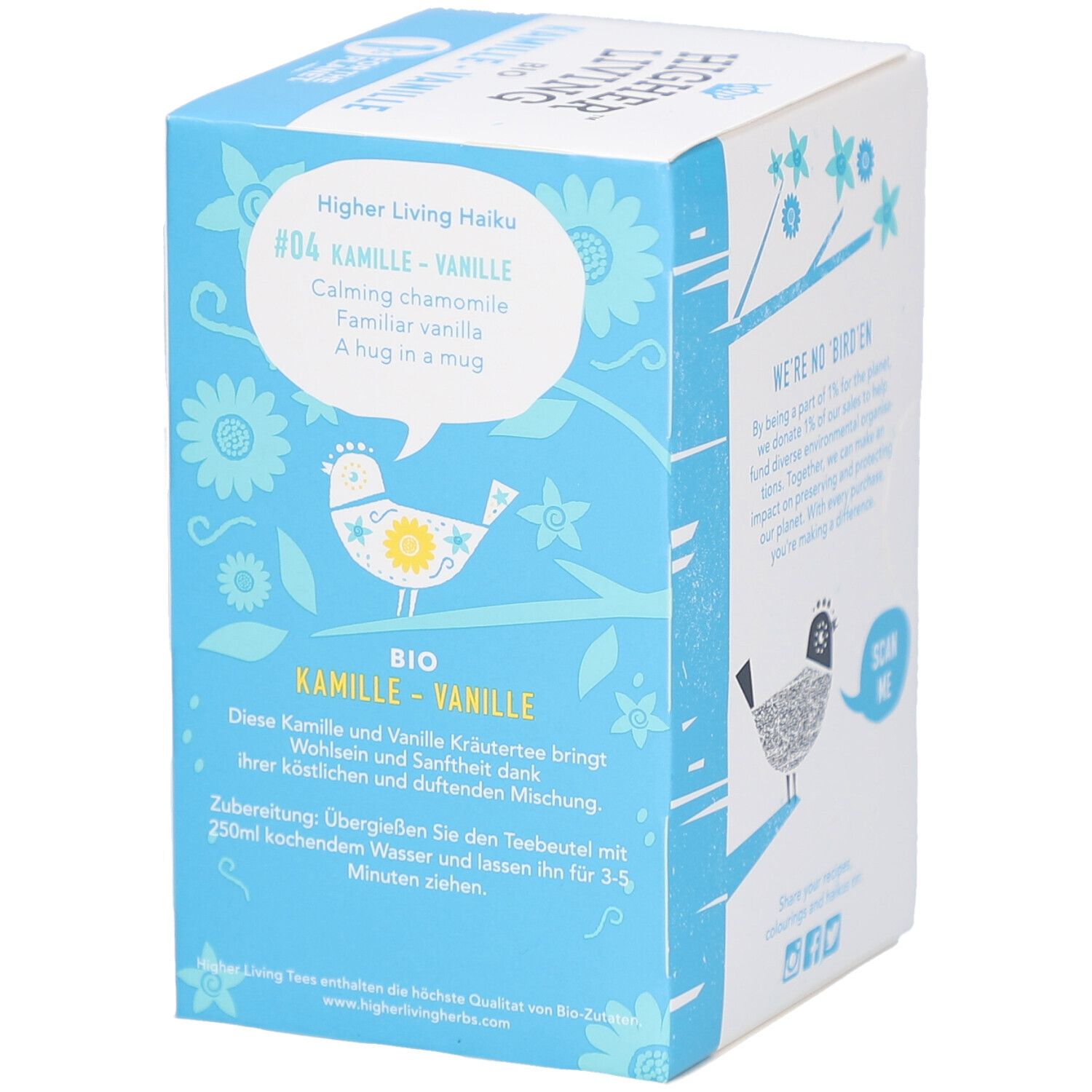 Blaue Seite der Schachtel mit Text: "Higher Living Haiku #04 Kamille-Vanille". Enthält Zubereitungshinweise und Vogel-Illustration.