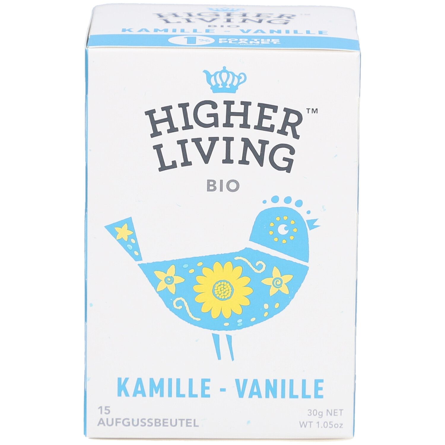 Vorderseite der Schachtel mit "Higher Living BIO"-Logo und Vogel-Illustration. Produktname: Kamille-Vanille. 15 Aufgussbeutel.