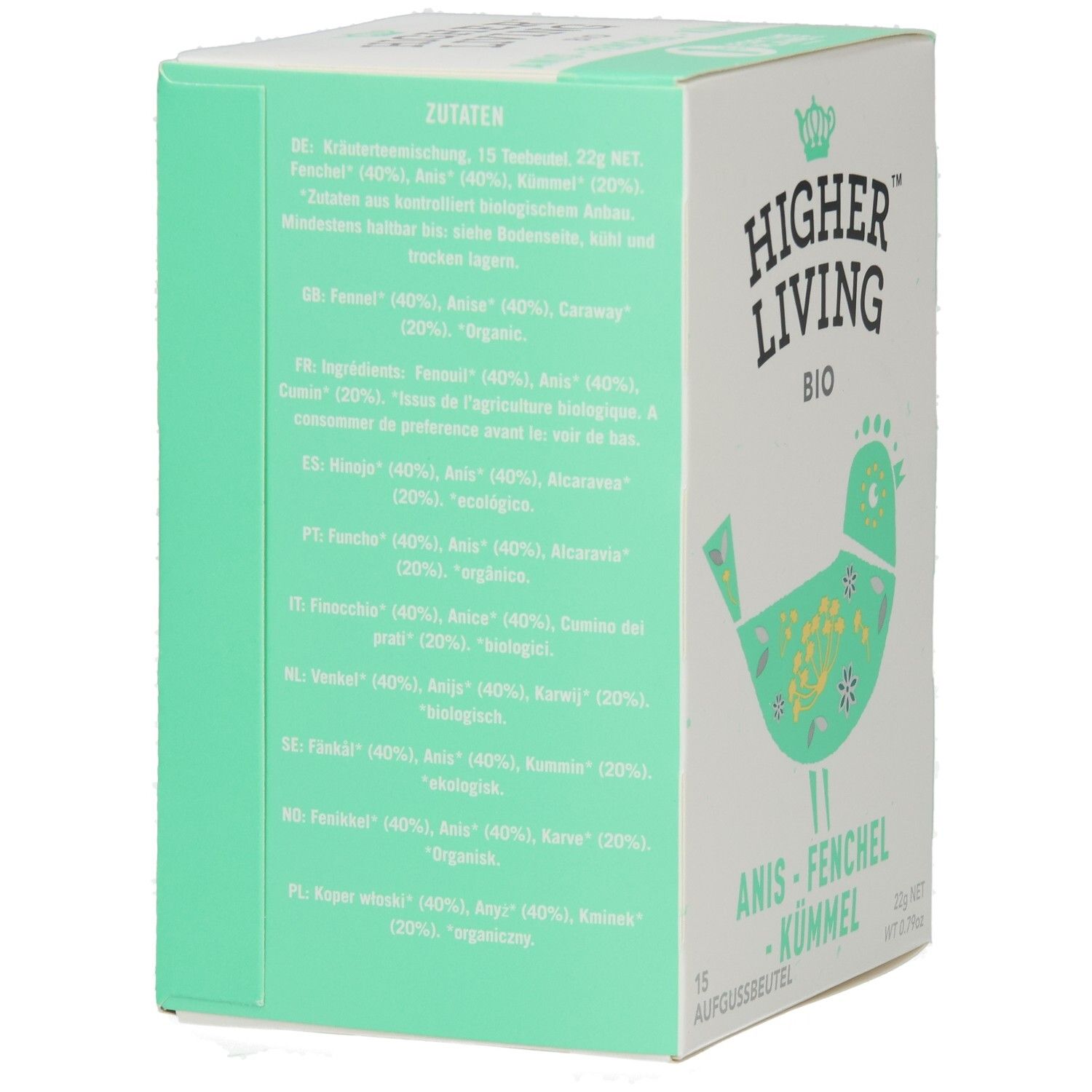 Rückseite der Produktverpackung. Zutatenliste in mehreren Sprachen. Marke: Higher Living. Vogel-Illustration. Grün-weißes Design.
