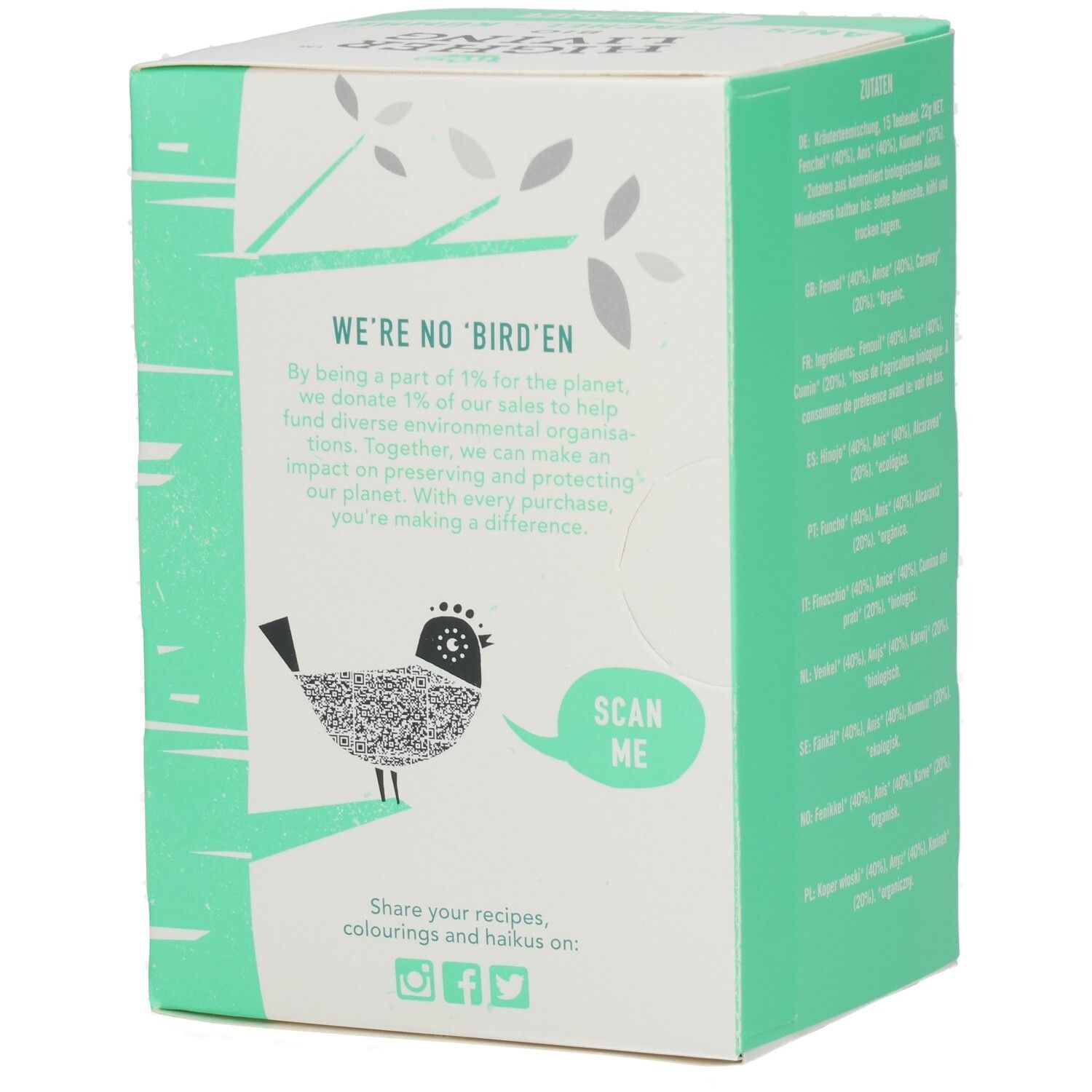 Verpackung mit Text: 'WE'RE NO BIRD'EN'. Illustration eines Vogels mit QR-Code. Social Media Icons. Grün-weißes Design.