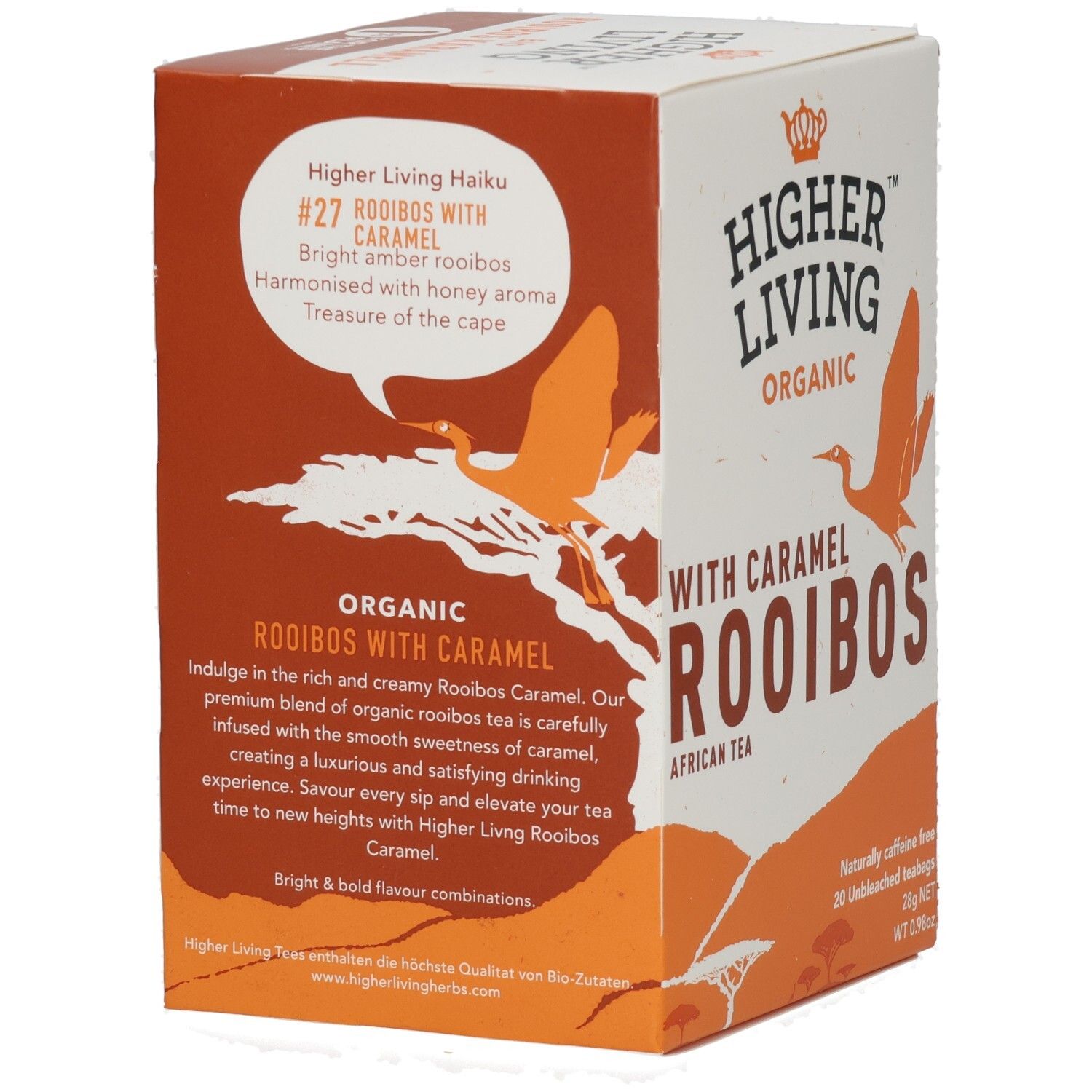 Karton mit Aufdruck. Enthält Karamell Rooibos Tee. Marke: Higher Living. Mit orangefarbenem Vogel-Logo.