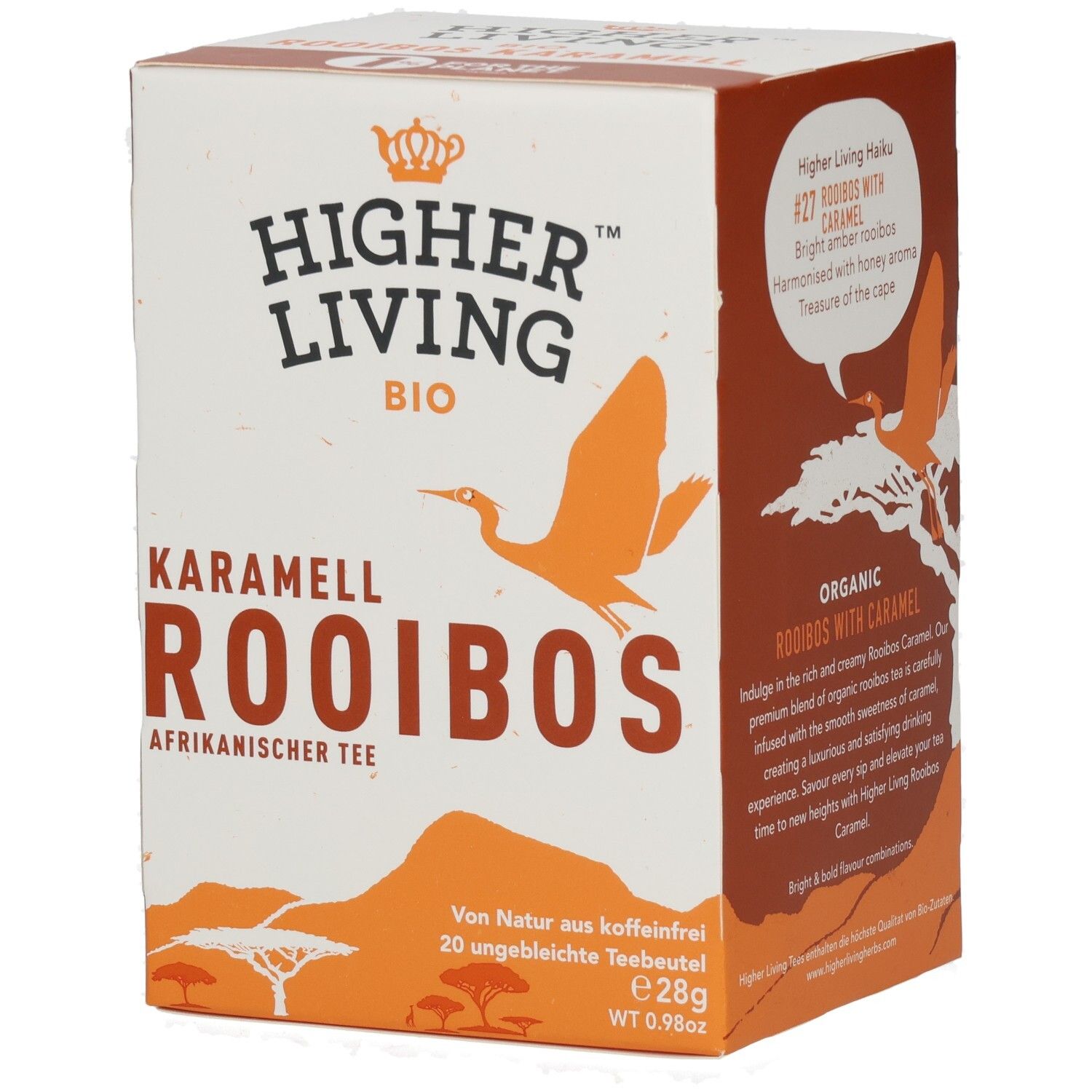 Karton mit Aufdruck. Enthält Karamell Rooibos Tee. Marke: Higher Living. Mit orangefarbenem Vogel-Logo.