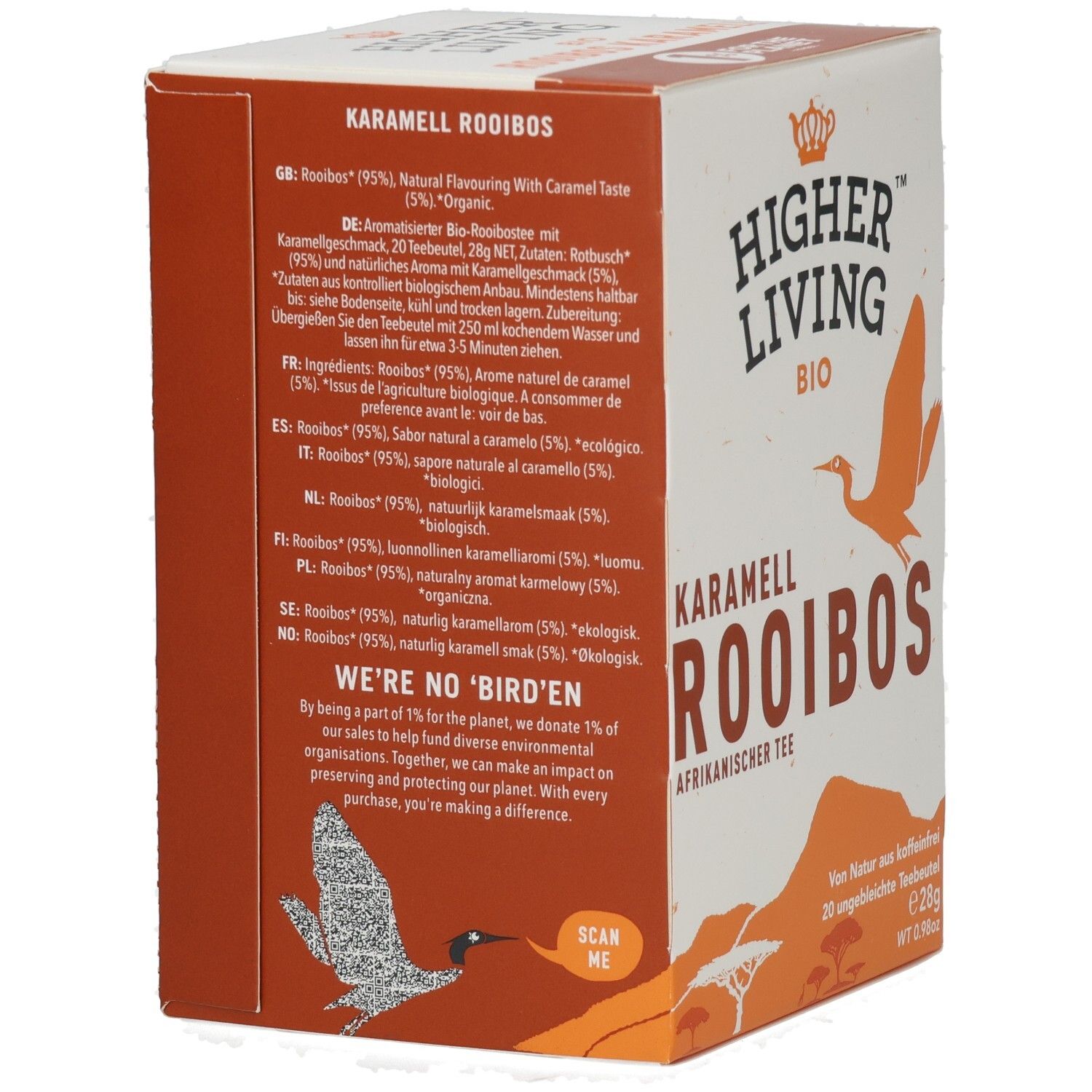 Karton mit Aufdruck. Enthält Karamell Rooibos Tee. Marke: Higher Living. Mit orangefarbenem Vogel-Logo.
