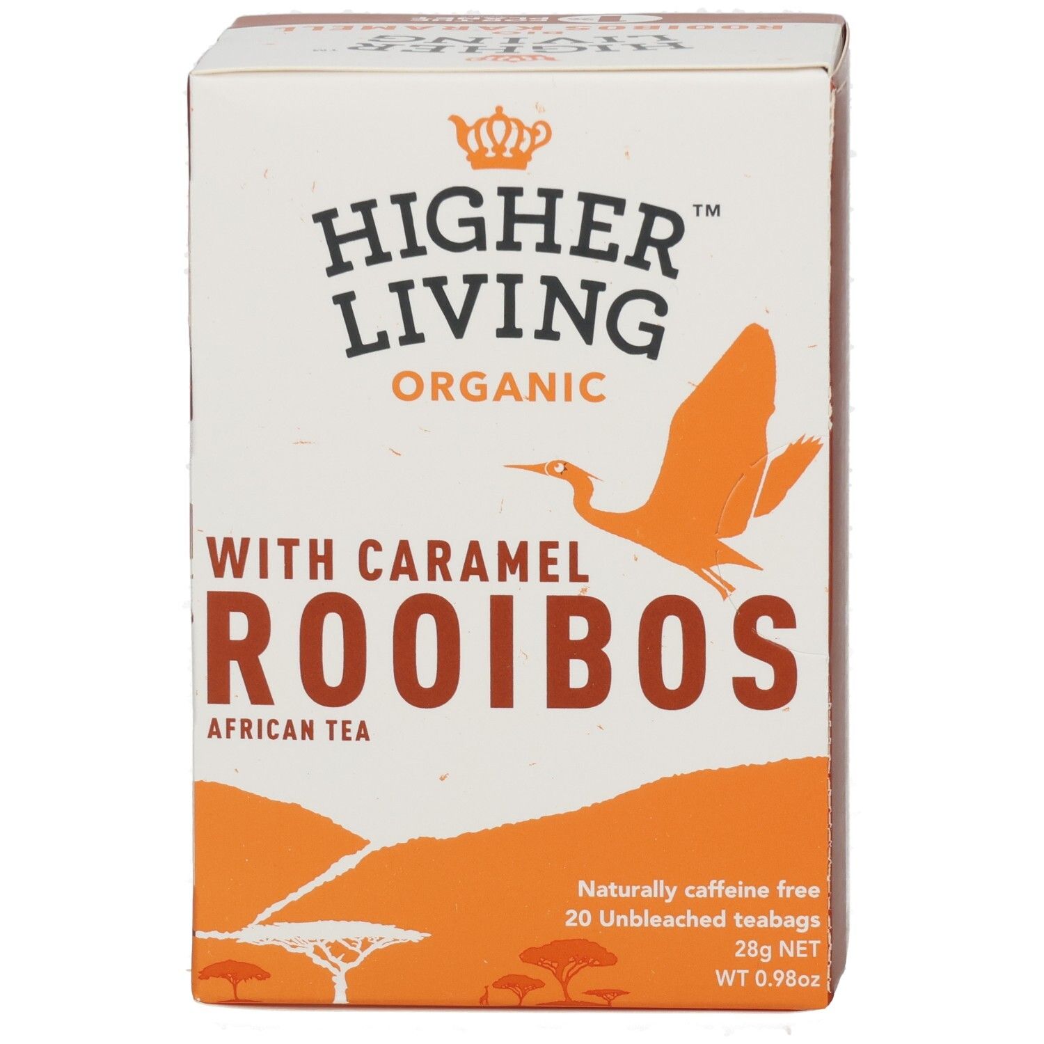 Karton mit Aufdruck. Enthält Karamell Rooibos Tee. Marke: Higher Living. Mit orangefarbenem Vogel-Logo.