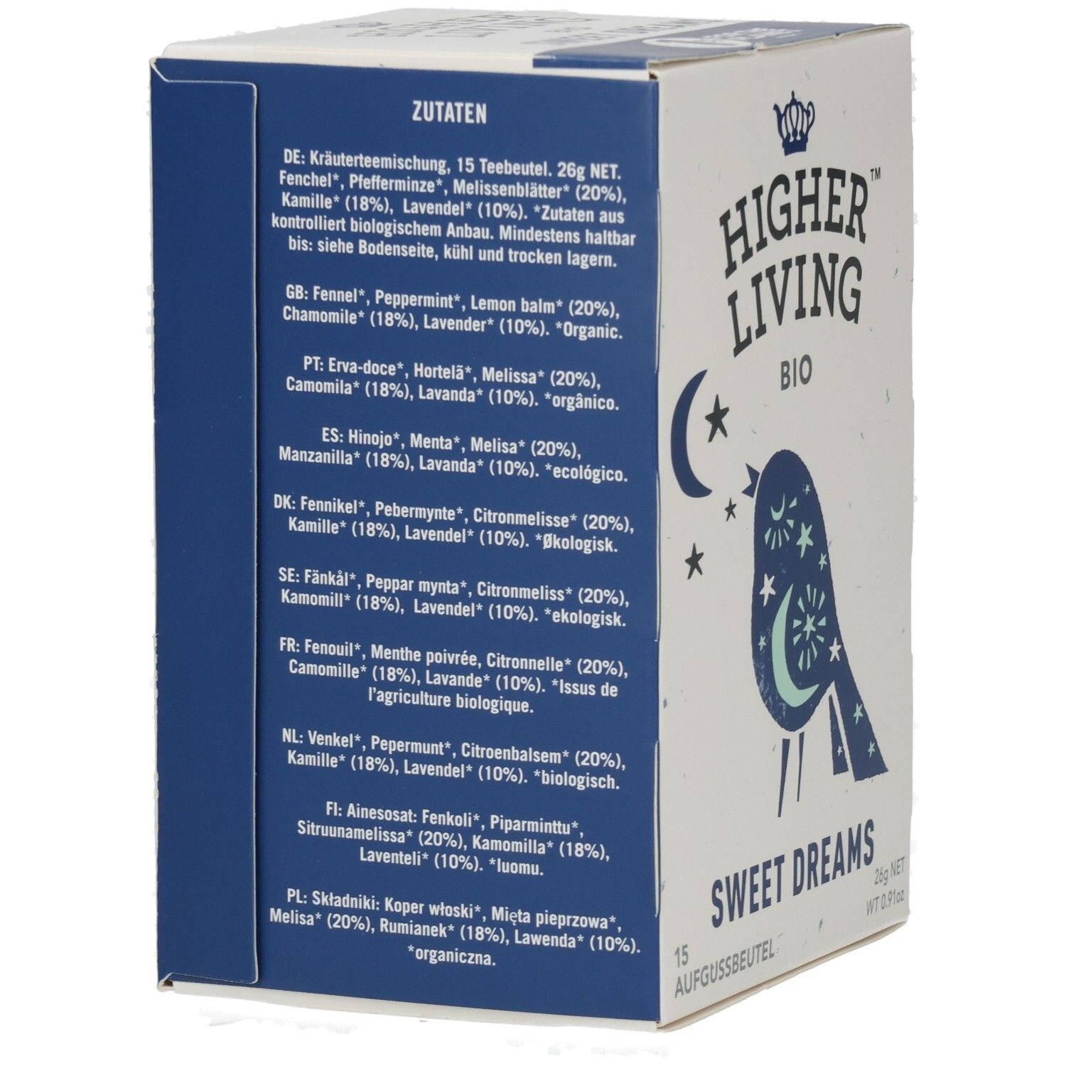 Karton mit Zutatenliste. Logo: Higher Living BIO. Text: Sweet Dreams. Auflistung der Zutaten in verschiedenen Sprachen.