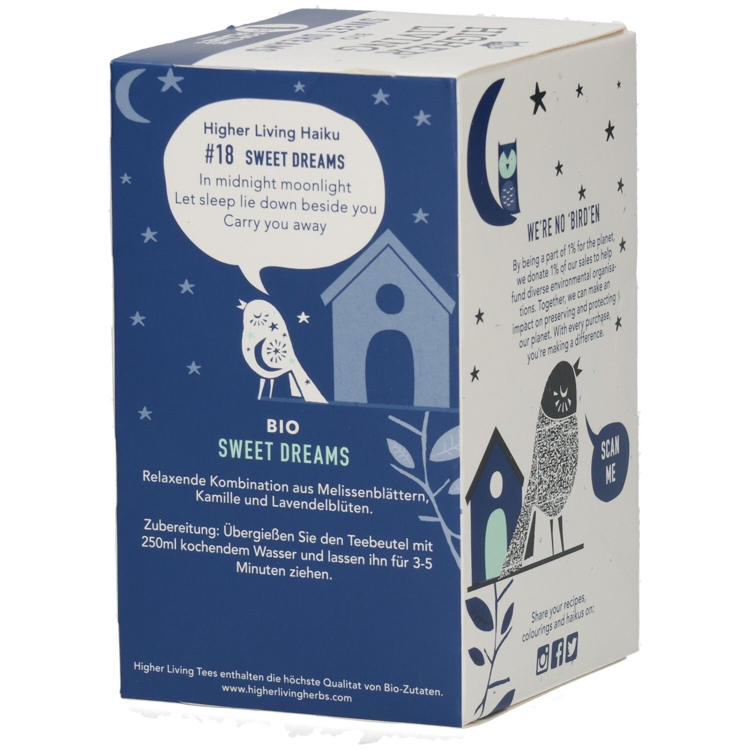 Karton mit Text und Illustration. Text: Higher Living Haiku #18 Sweet Dreams. Motiv: Vogel mit Mond und Sternen. Logo: BIO Sweet Dreams.