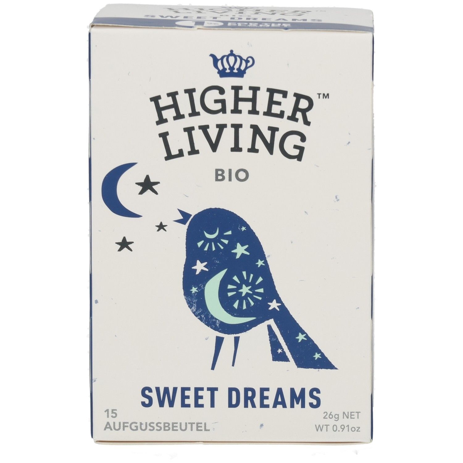 Karton mit Logo: Higher Living BIO. Motiv: Vogel mit Mond und Sternen. Text: Sweet Dreams. 15 Aufgussbeutel. 26g NET.