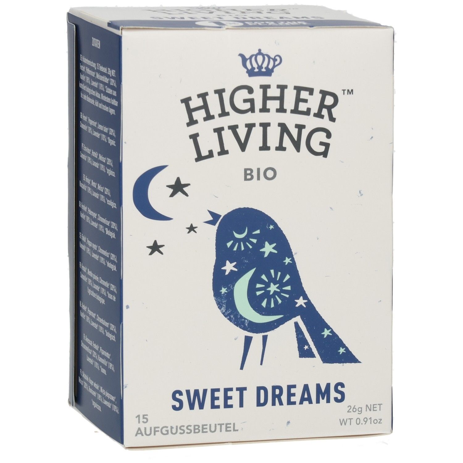 Karton mit Logo: Higher Living BIO. Motiv: Vogel mit Mond und Sternen. Text: Sweet Dreams. 15 Aufgussbeutel. 26g NET.