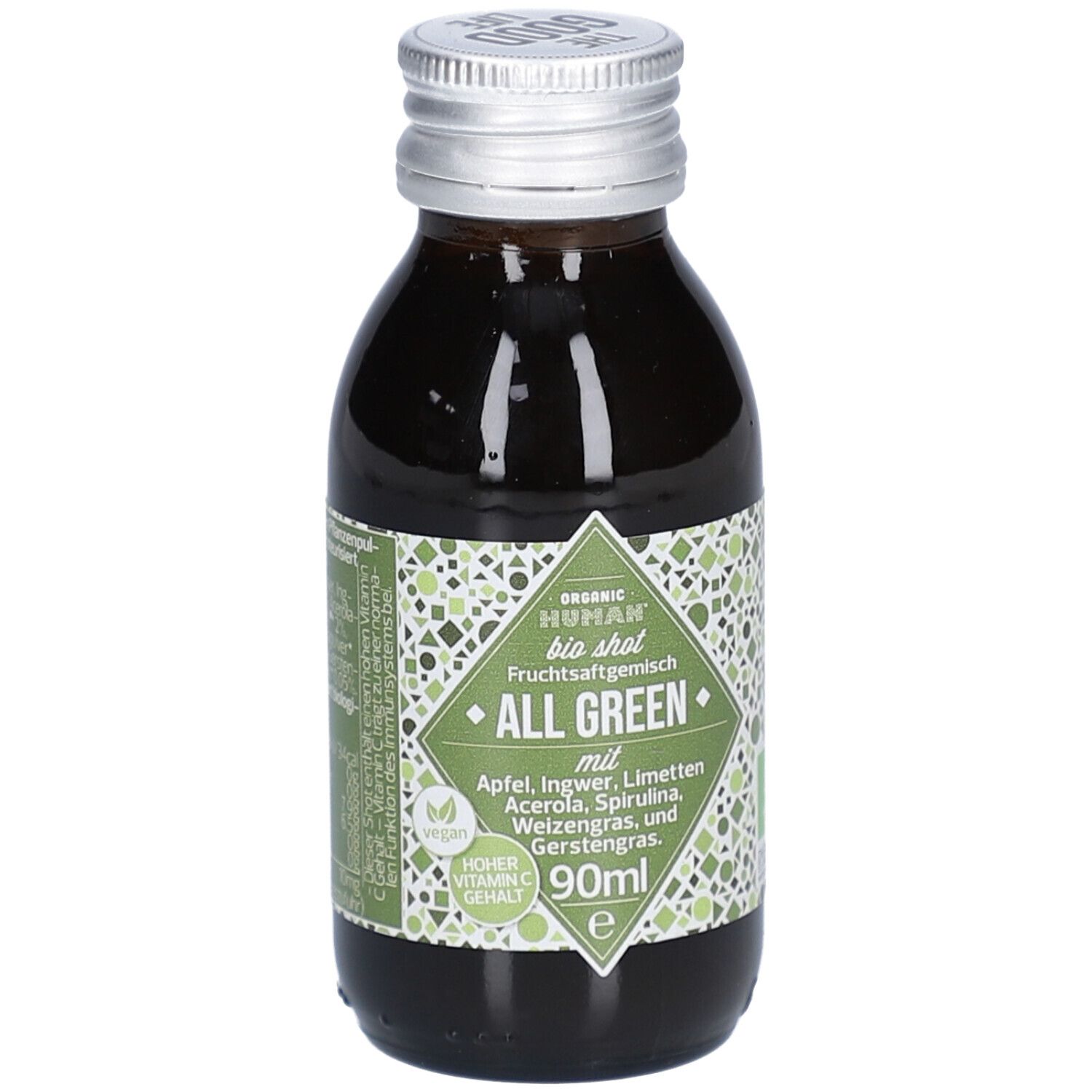 Kleine Glasflasche mit grünem Inhalt. Aufkleber mit Produktnamen "ALL GREEN" und Zutaten. Silberner Schraubverschluss. Vegan-Siegel.