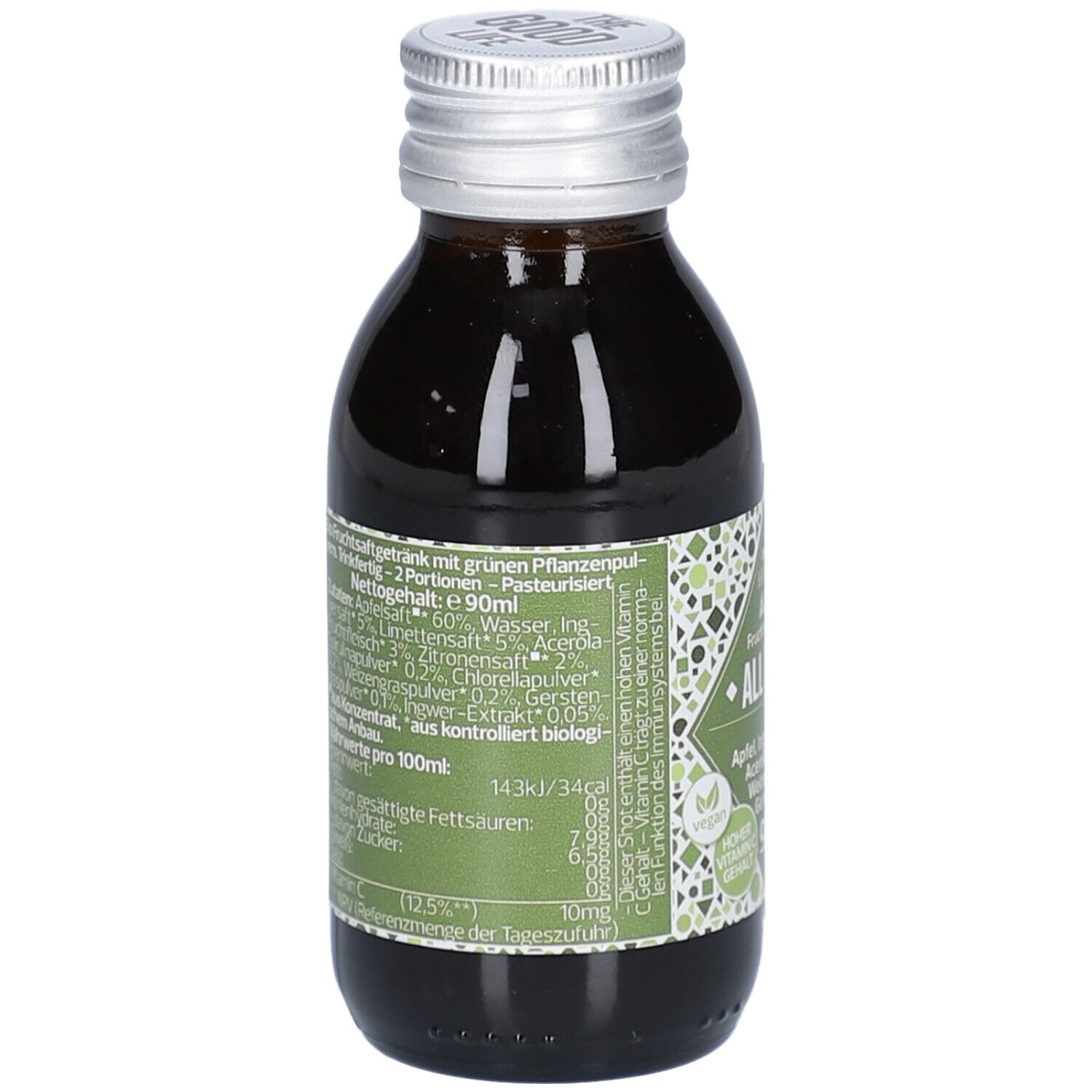 Rückseite der Glasflasche mit grüner Flüssigkeit. Aufkleber mit Zutatenliste und Nährwertangaben. Vegan-Siegel.