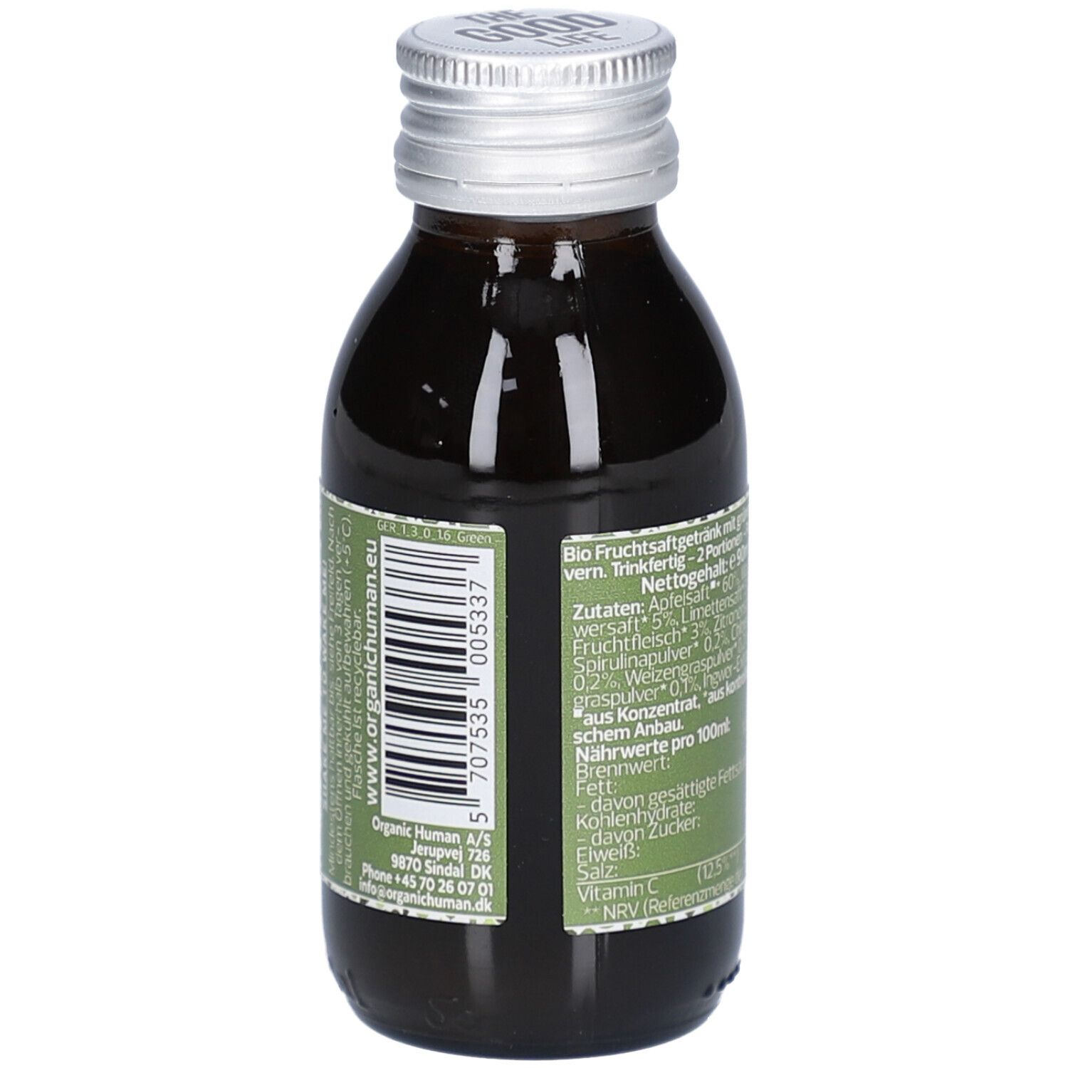 Rückseite der Glasflasche mit grünem Inhalt. Barcode und Kontaktinformationen. Grüner Aufkleber mit Text.