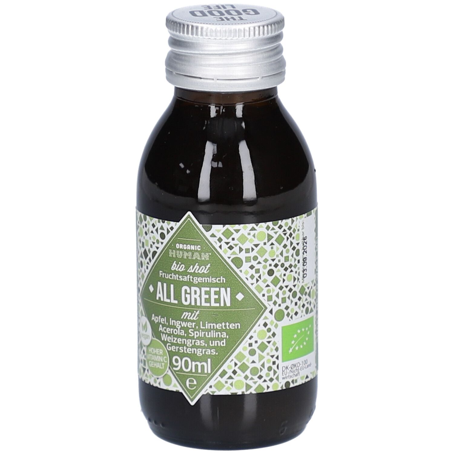 Kleine Glasflasche mit grünem Inhalt. Aufkleber mit Produktnamen "ALL GREEN" und Zutaten. Bio-Siegel. Silberner Verschluss.