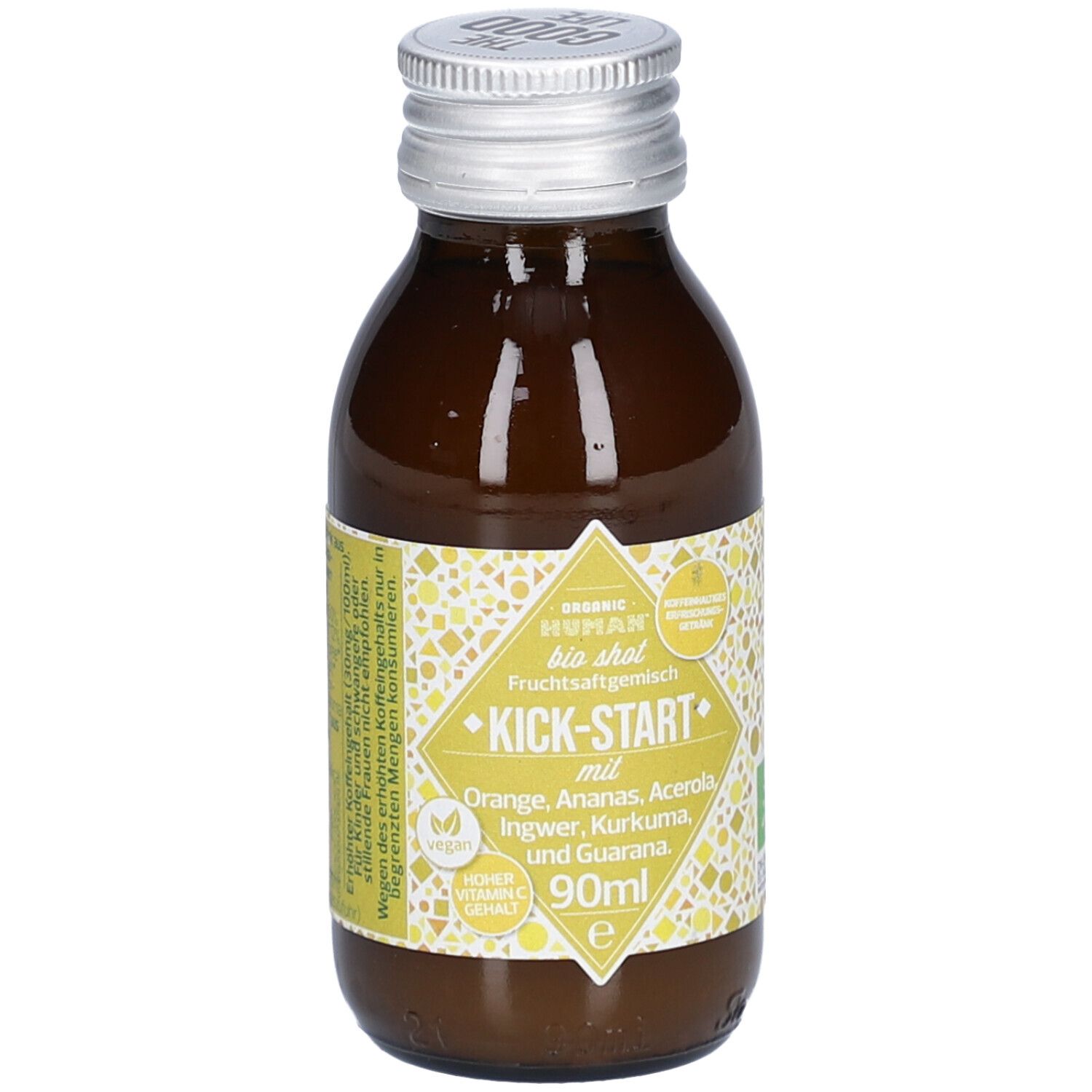 Braune Glasflasche mit silbernem Deckel. Etikett mit Produktnamen und Inhaltsstoffen. Vegan-Siegel.