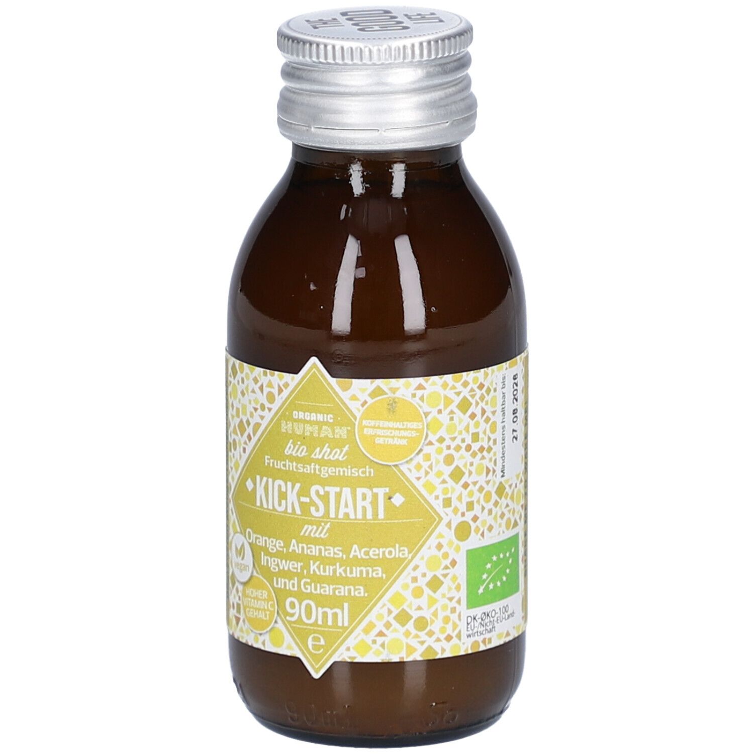 Braune Glasflasche mit silbernem Deckel. Etikett mit Produktnamen und Inhaltsstoffen. Bio-Siegel.