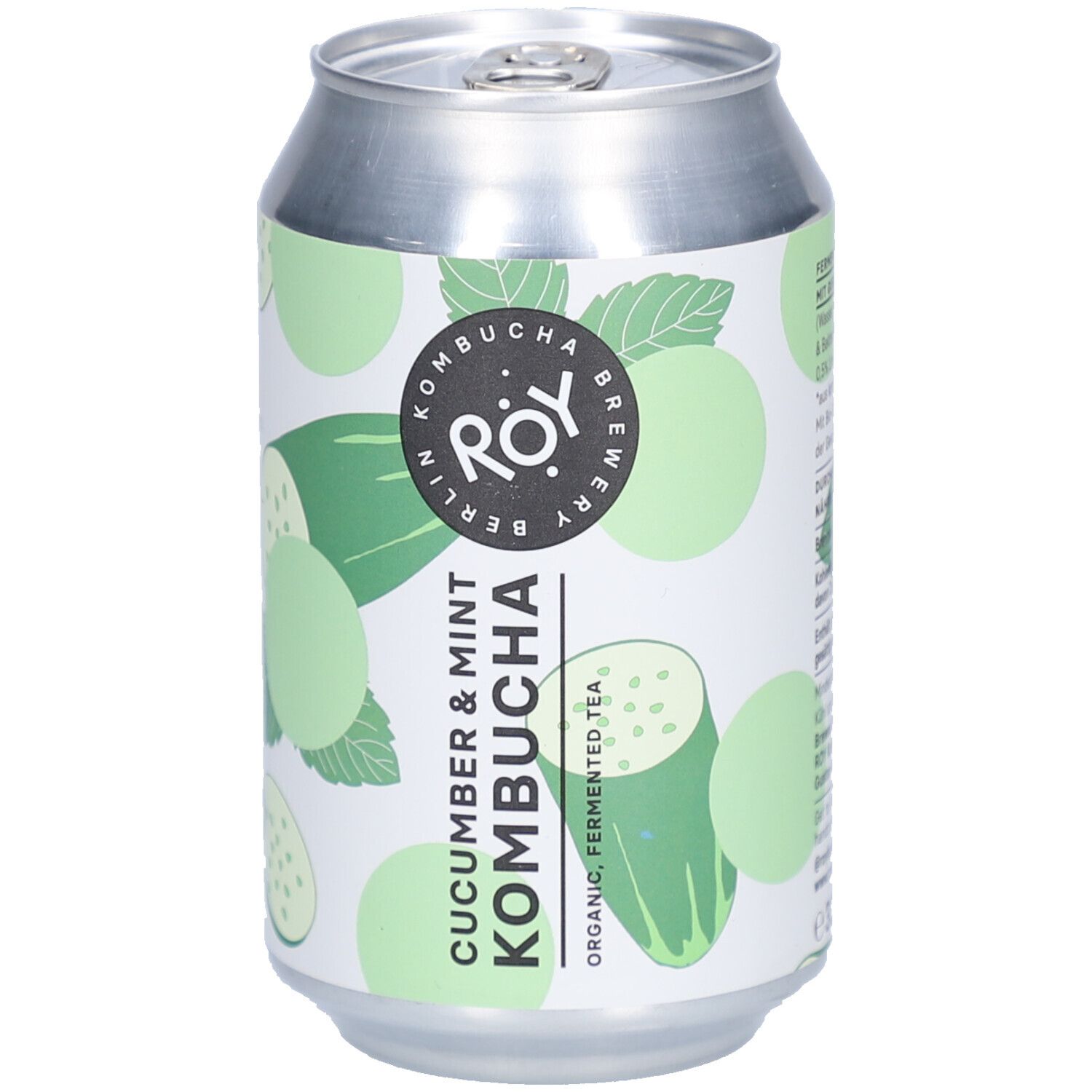 Kombucha-Dose mit Aufdruck von Gurken und Minze. Logo: ROY Berlin. Text: Cucumber & Mint Kombucha.