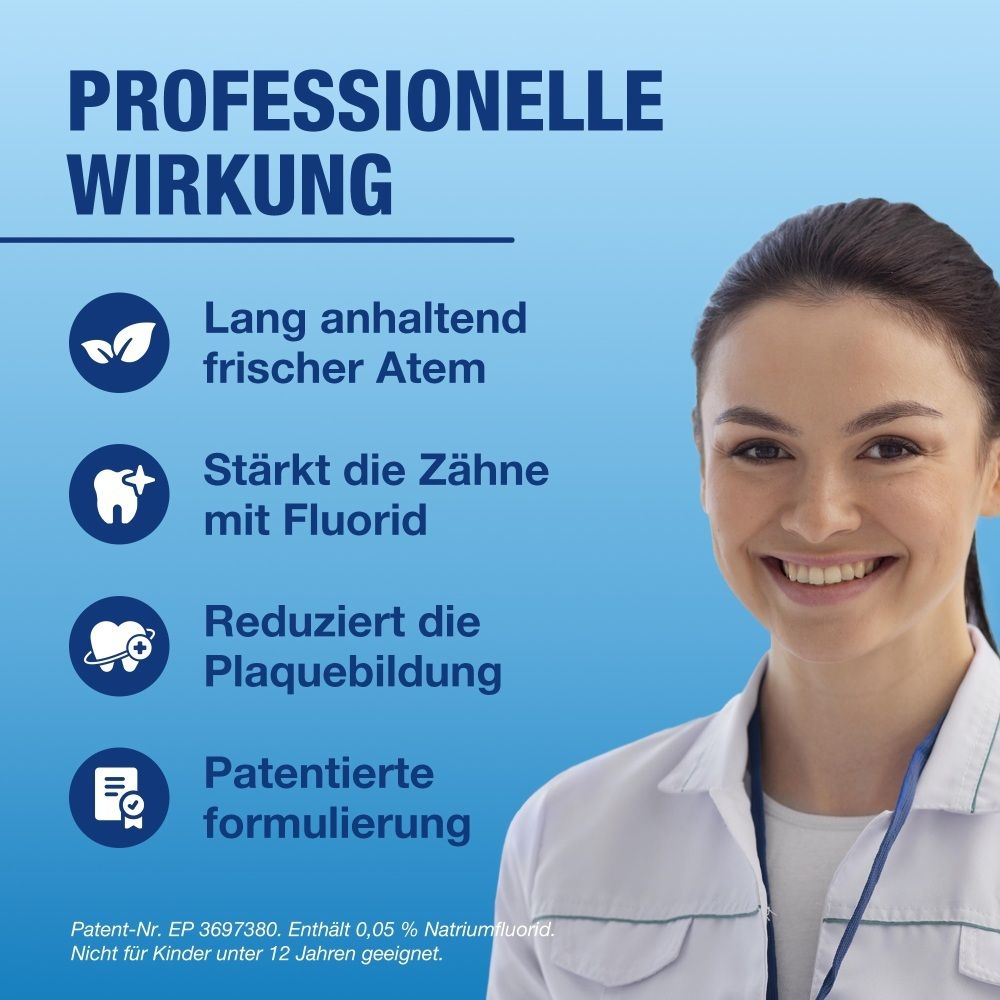 Professionelle Wirkung: Lang anhaltend frischer Atem, stärkt Zähne mit Fluorid, reduziert Plaque.