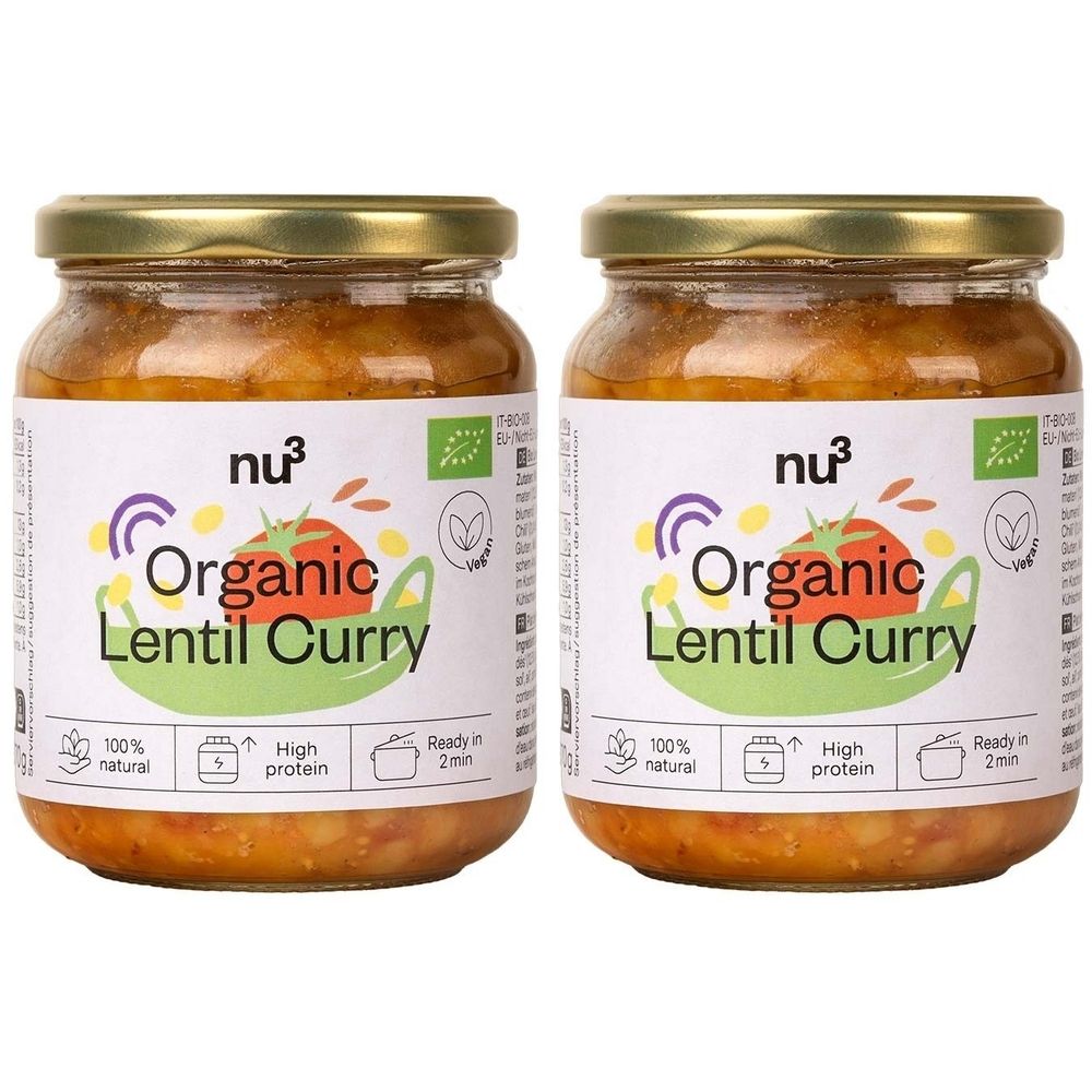 Zwei Gläser mit Linsen-Curry. Auf den Etiketten steht "nu3 Organic Lentil Curry". Mit Bio-Siegel und weiteren Angaben.
