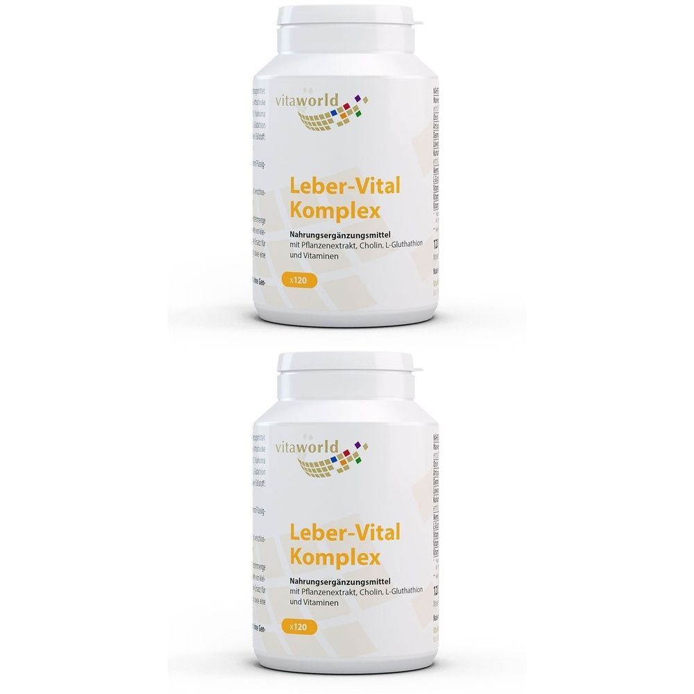 Zwei weiße Flaschen mit Kapseln. Aufschrift: Leber-Vital Komplex. Marke: vitaworld. Gelber Aufkleber mit der Aufschrift: 120.