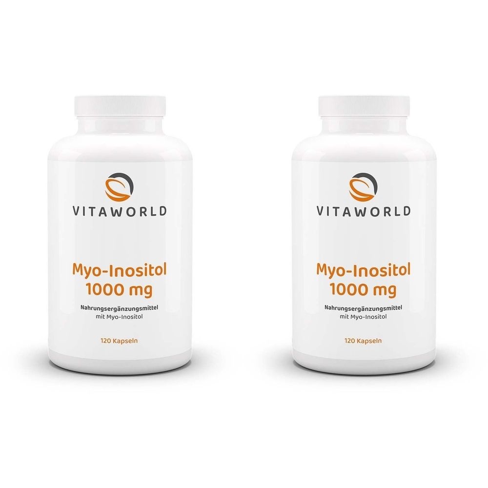 Zwei weiße Flaschen mit Etiketten. Aufschrift: VITAWORLD, Myo-Inositol 1000 mg, Nahrungsergänzungsmittel, 120 Kapseln.