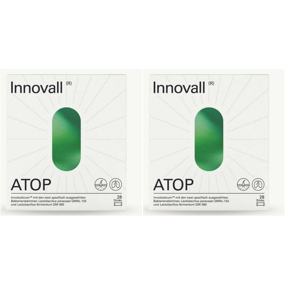 Zwei Packungen mit weißem Hintergrund. Oben steht Innovall®, darunter ATOP. Ein grünes, längliches Symbol ist mittig platziert.