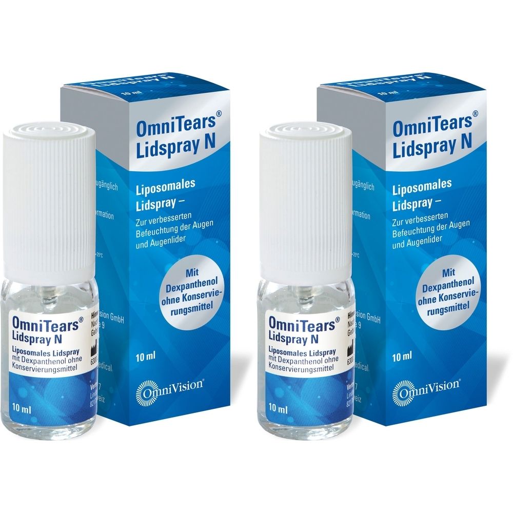 Zwei Flaschen und zwei Schachteln. Auf den Flaschen und Schachteln steht "OmniTears Lidspray N". Die Flaschen enthalten 10 ml.