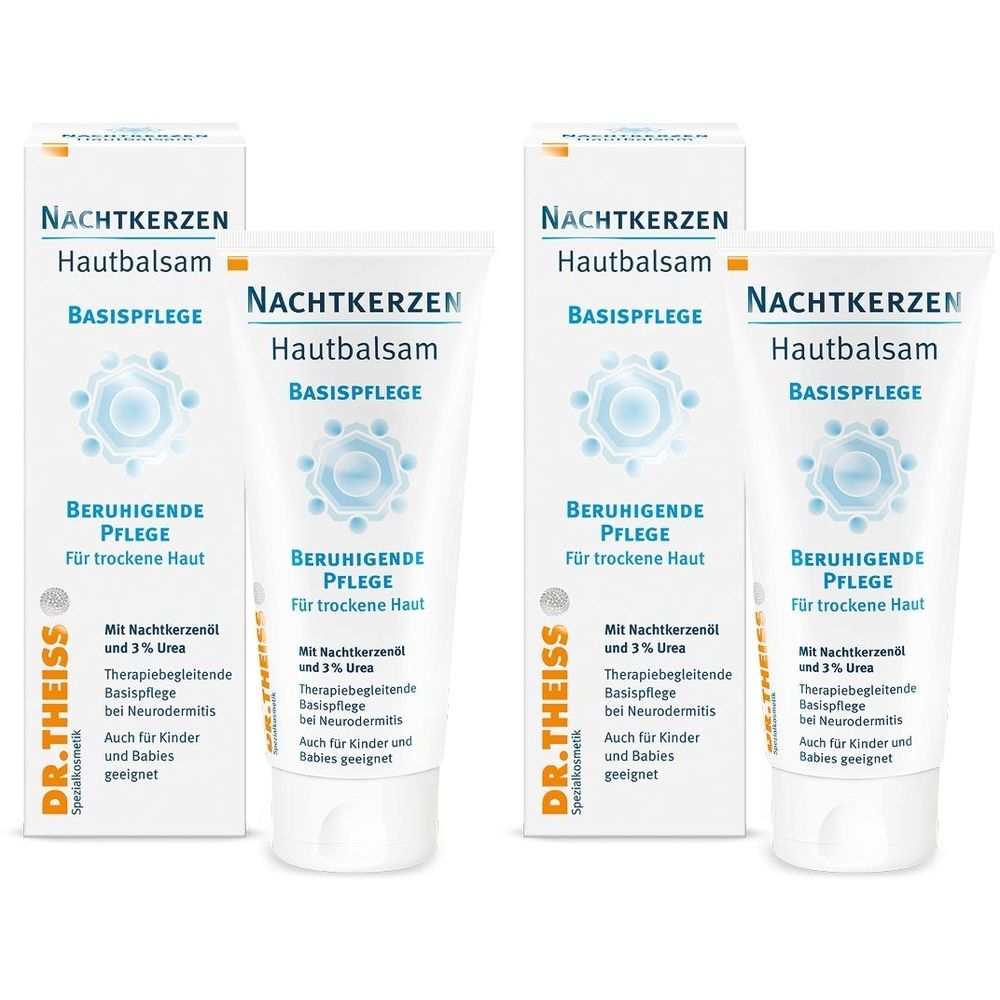 Zwei Tuben und zwei Kartons. Aufschrift: Nachtkerzen Hautbalsam, Basispflege, beruhigende Pflege für trockene Haut. Marke: Dr. Theiss.