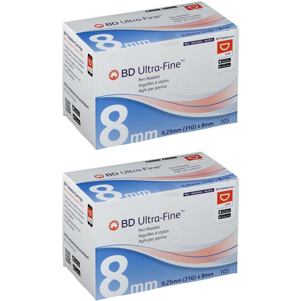 Zwei Schachteln mit "BD Ultra-Fine" Pen-Nadeln. Auf jeder Schachtel steht "8 mm" und "0,25 mm (31G) x 8 mm 10S".
