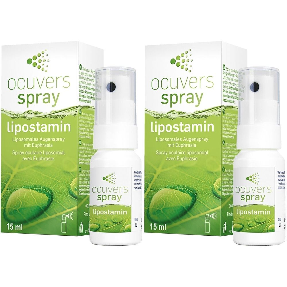 Zwei Flaschen und zwei Schachteln von ocuvers Spray lipostamin. Weiße Flaschen mit Sprühkopf, grüne und weiße Verpackung.