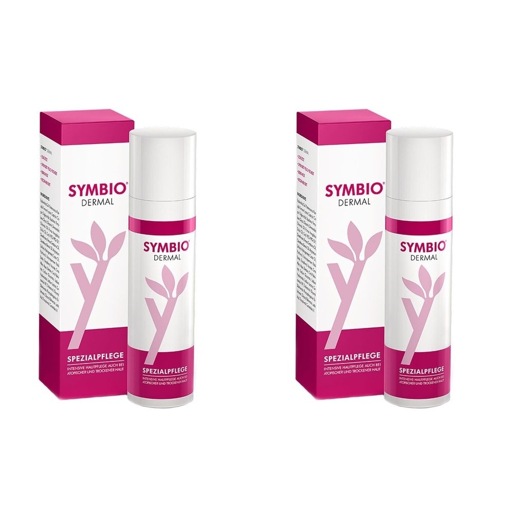Zwei Flaschen und Schachteln. Aufschrift: SymbioDermal, Spezialpflege. Rosa und weiße Verpackung mit floralem Design.