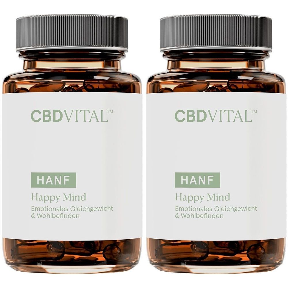 Zwei braune Glasflaschen mit grauen Deckeln. Auf den Etiketten steht CBDVITAL, HANF, Happy Mind und weitere Informationen.