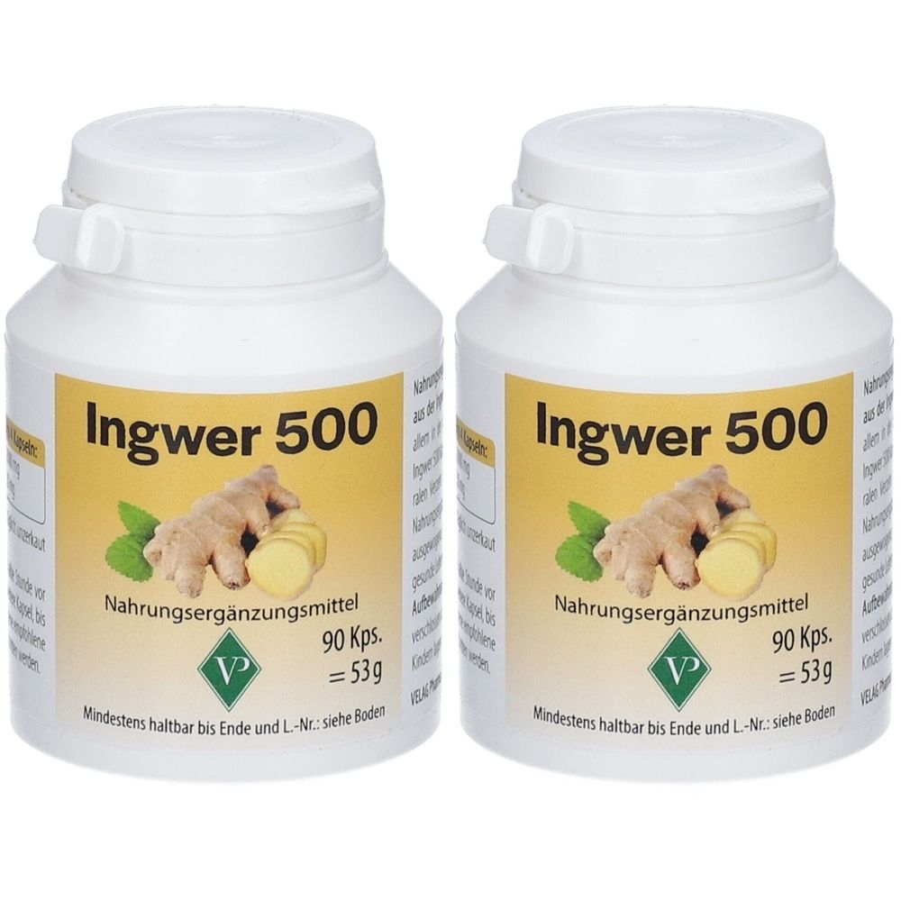 Zwei weiße Flaschen mit Ingwer 500-Etikett. Aufschrift: Nahrungsergänzungsmittel, 90 Kps. und ein Logo. Deckel mit Klappverschluss.